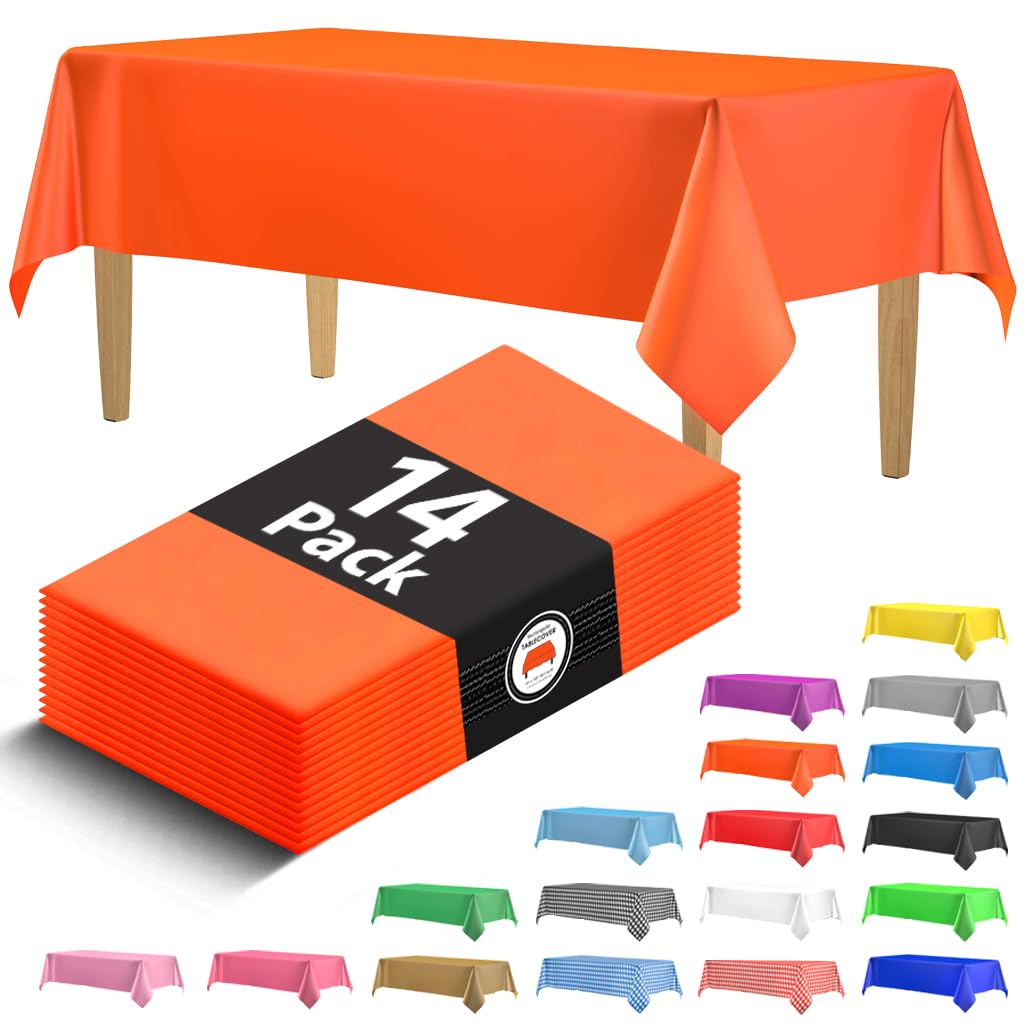 14 Pack Premium Orange Plastic Tablecloth - 54 X 108 In. Disposable Rectangle Plastic Table Cloth - Decorative Rectangle Table C