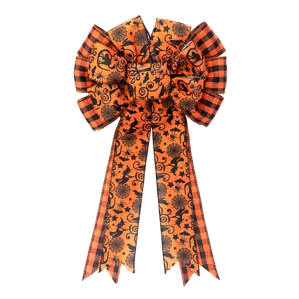 Buffalo Plaid Halloween Bow - Large Black & Orange Spider Web Bat Tree Topper - Gift Bows for Party & Home Decoration