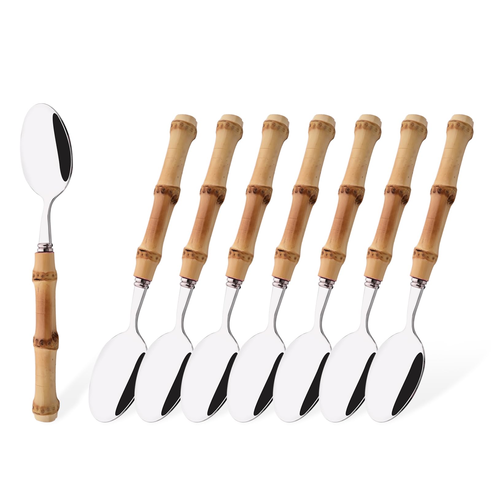 Uniturcky Dessert Spoon Set With Bamboo Handle, 8-Piece Stainless Steel Shiny Silver Dessert Spoon, Natural Bamboo Cutlery, Crea