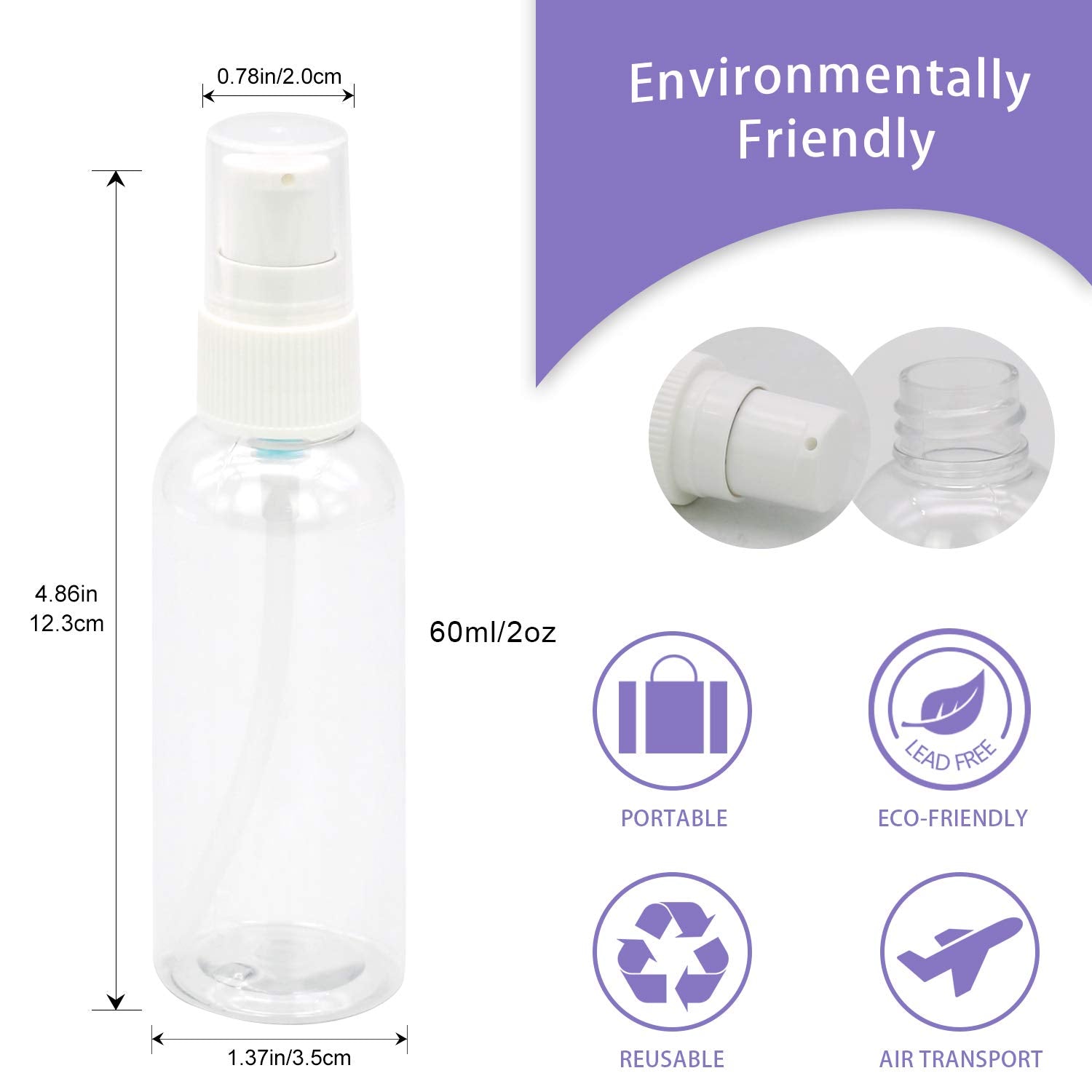 Trendbox 6 Pack Plastic Empty Bottles With Duckbill Pump Cap For Shampoo, Lotions, Liquid Body Soap, Cream (2 Oz / 60 Ml)