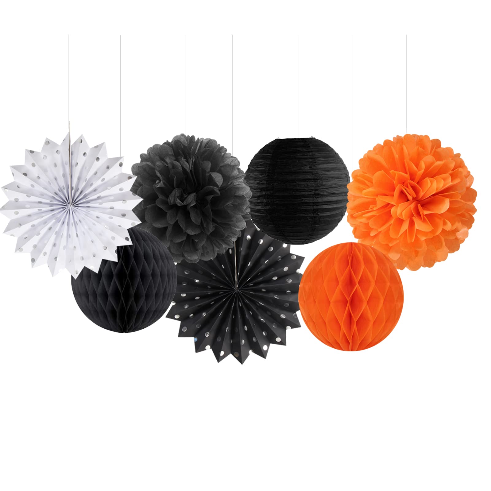 Black Orange White Halloween Party-Decorations - 14Pc Kit Paper Lanterns Fan,Tissue Flower Pom Poms Streamers,Honeycomb Balls,Gr