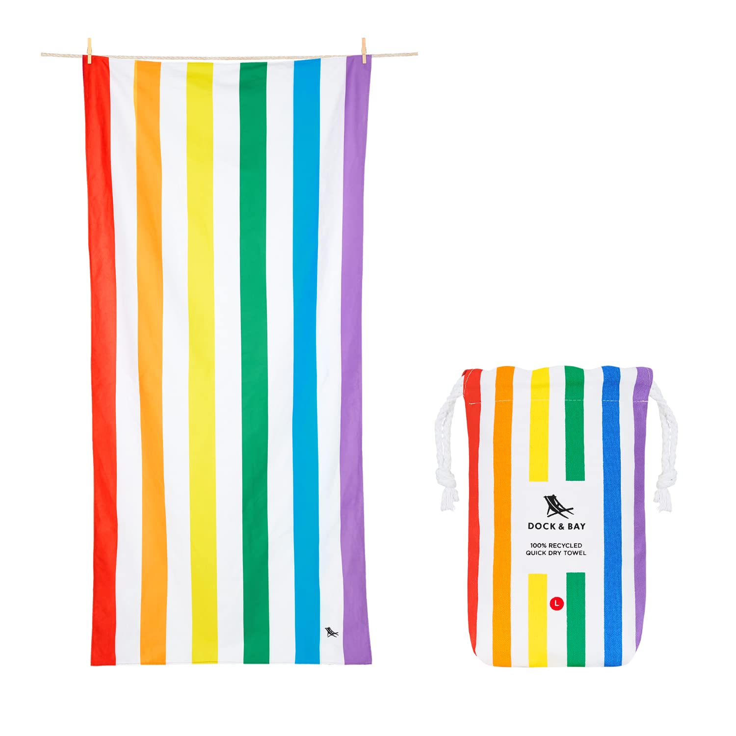 Dock & Bay Beach Towel - Quick Dry, Sand Free - Compact, Lightweight - 100% Recycled - Includes Bag - Summer - Rainbow Skies - L