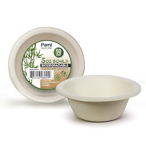 PAMI 100% Biodegradable Sugarcane Bowls [Pack of 50] Natural Compostable Soup Bowls- Planet-Friendly Bagasse Bowls For Hot & Cold Uses- Heavy-Duty Disposable Microwavable Paper Serving Bowls (5 oz.)