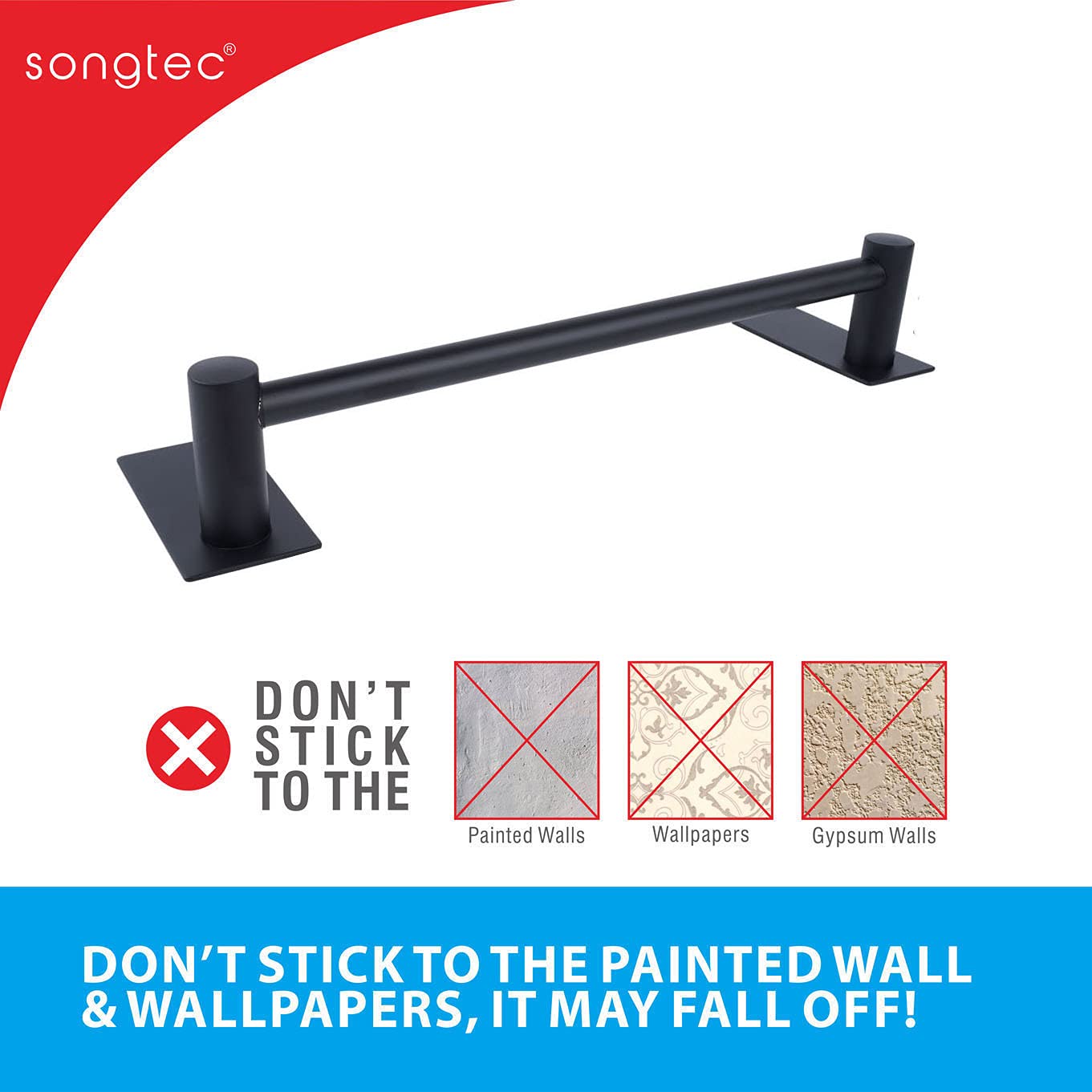 Songtec Stick Towel Bar Black 12-Inch, Adhesive Bath Towel Rack No Drill, Strong Adhesion Tape Mount Towel Holder, Stainless Ste