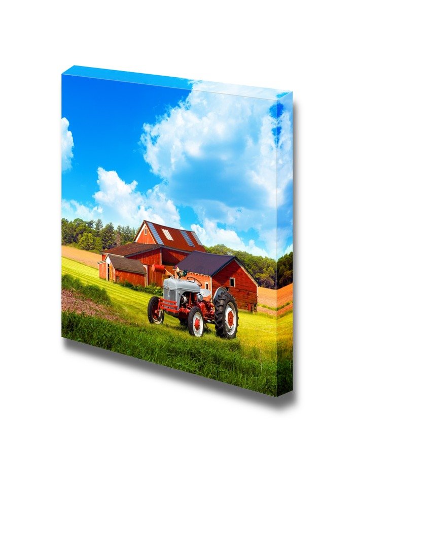 Canvas Prints Wall Art - Traditional American Country Farm With Blue Cloudy Sky | Modern Wall Decor/Home Art Stretched Gallery C