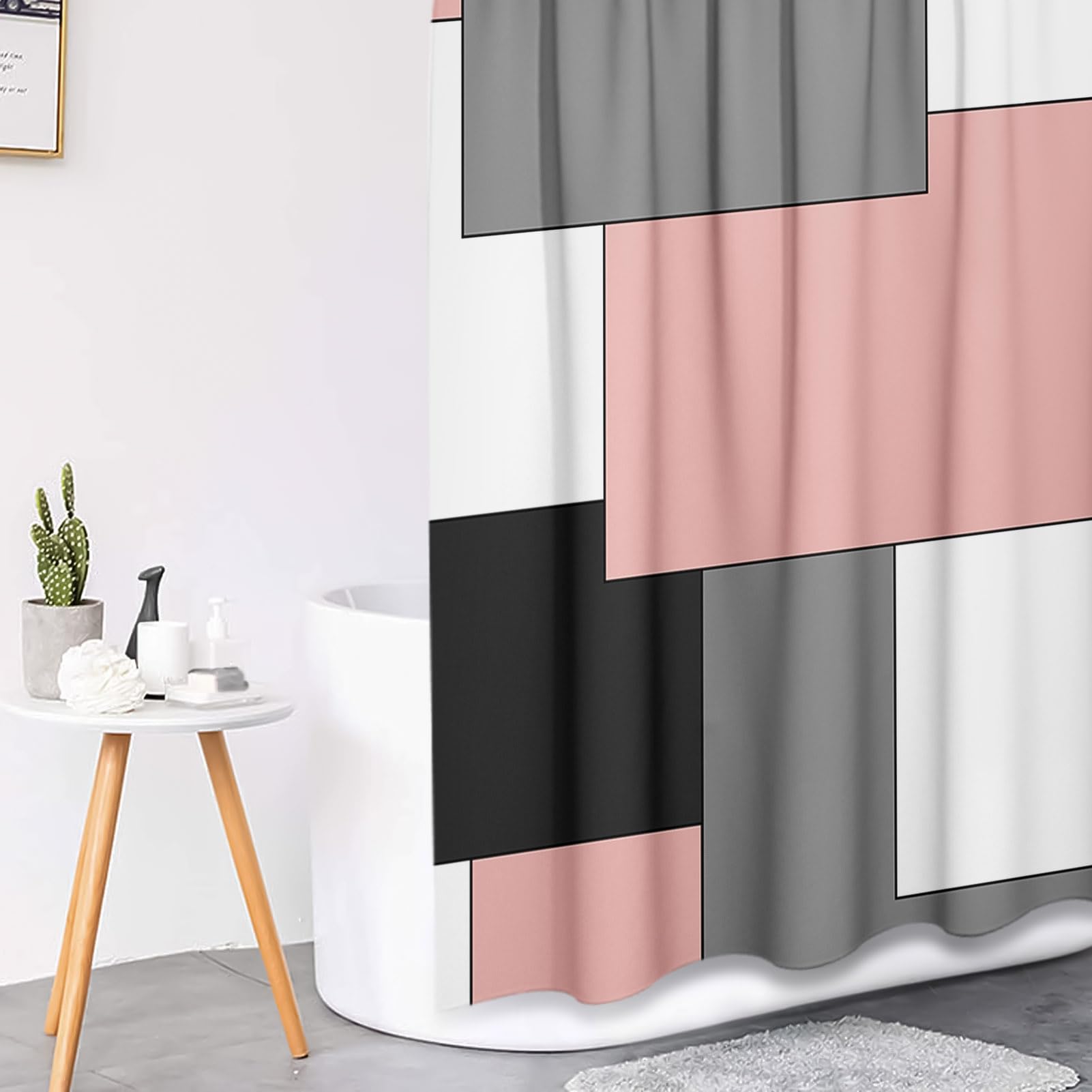 Tayney Pink Geometric Shower Curtain Set With Toilet Lid Cover And Non-Slip Rugs For Bathroom, Grey Black White Checkered 4 Pcs
