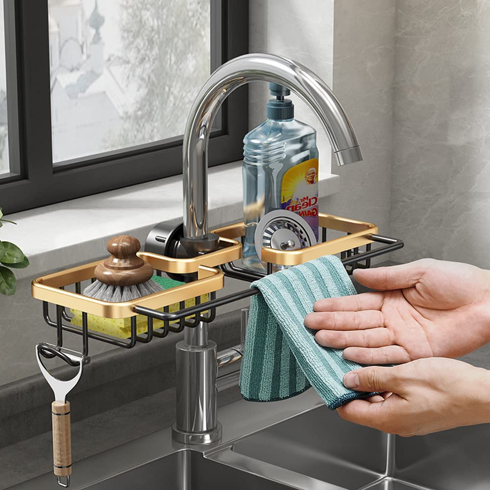 WINGSIGHT Faucet Sponge Holder Kitchen Sink Caddy Organizer Over Faucet Hanging Faucet Drain Rack for Sink Organizer (Double with Dishcloth Rack  Golden)