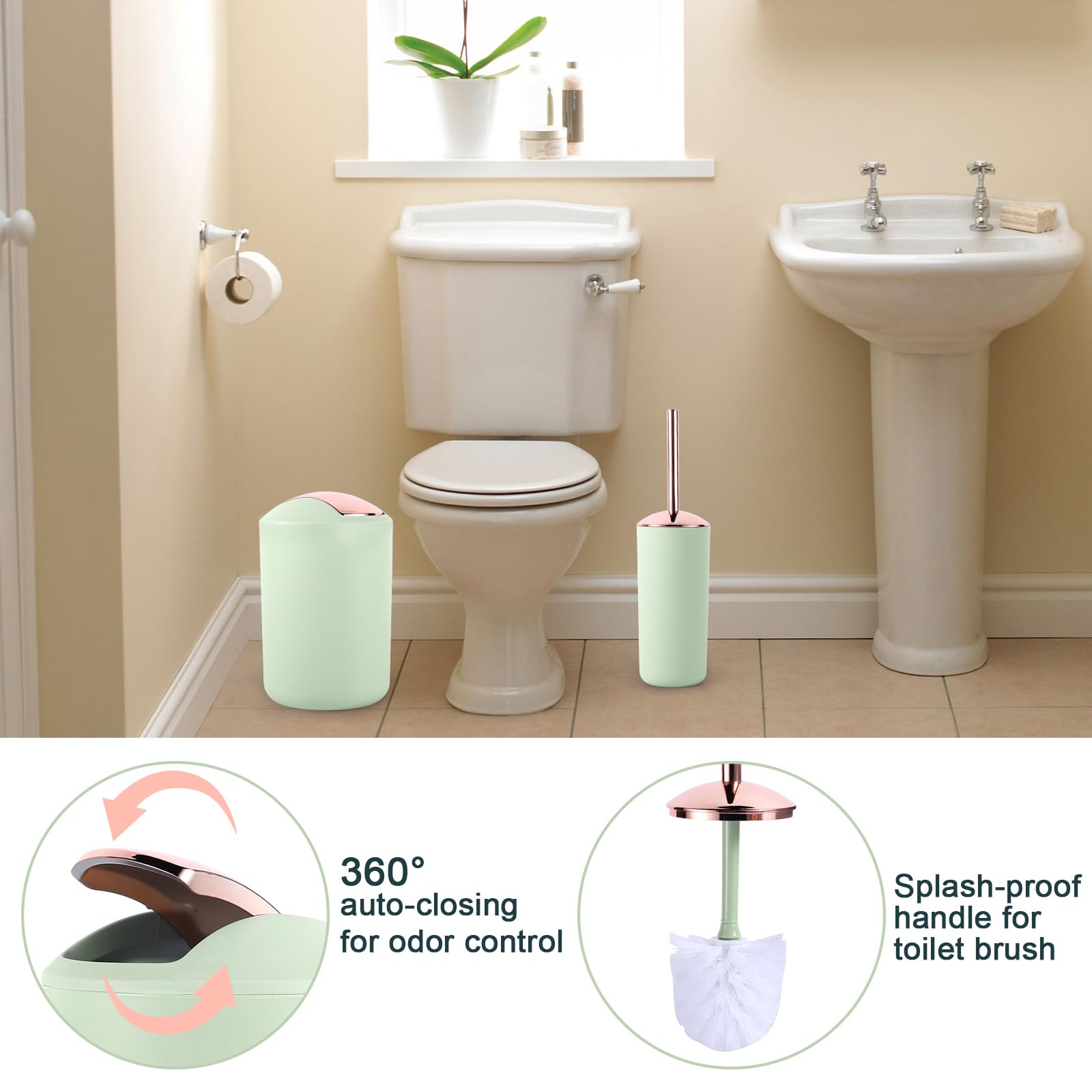 Bssn 25Pcs Green Bathroom Set With Shower Curtain And Rugs - Complete Accessories Trash Can, Soap Dispenser, Soap Dish, Toilet B