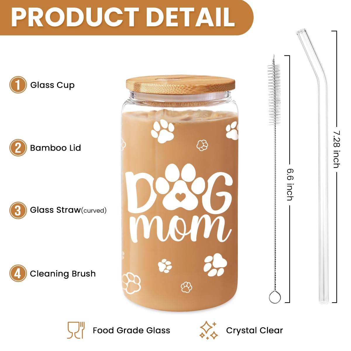 Dog Mom Cup 16 Oz Can Glass Coffee Mug with Bamboo Lid & Straw - Dog Lover Gifts for Women - Dog Mom Gift for Birthday Mothers D