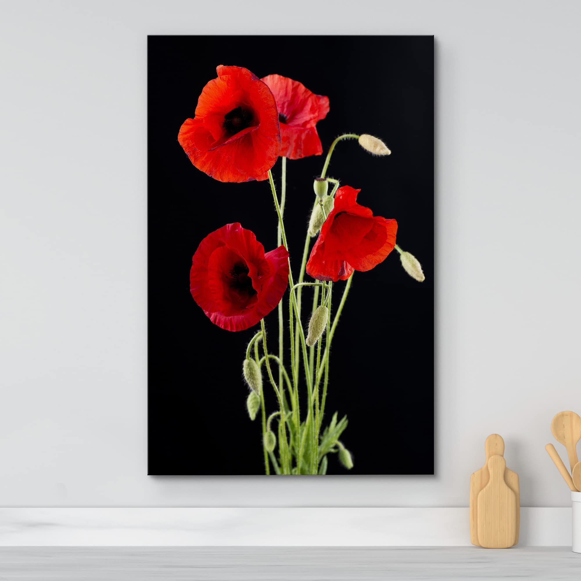 Canvas Prints Wall Art - Red Poppy Flowers Against Black Background Wall Decor/Home Art Stretched Gallery Wraps Giclee Print & W