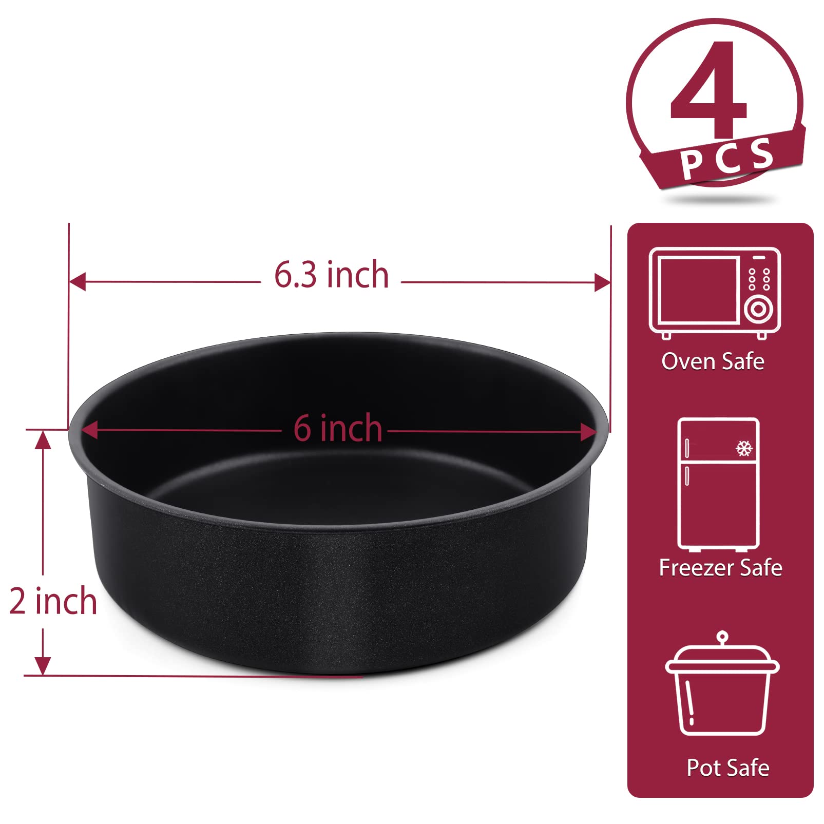 P&P Chef 6 Inch Cake Pans, Non-Stick Round Baking Pan Bakeware Set Of 4 For Layered Cakes, Non-Toxic, Stainless Steel Core & Lea