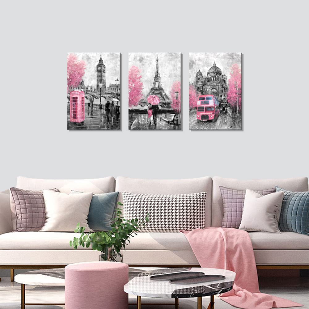 Canvaszon Wall Art For Bedroom Bathroom Pink And Gray Paris Canvas Art Girls Room Decor Paris Theme Rustic Canvas Print Art For
