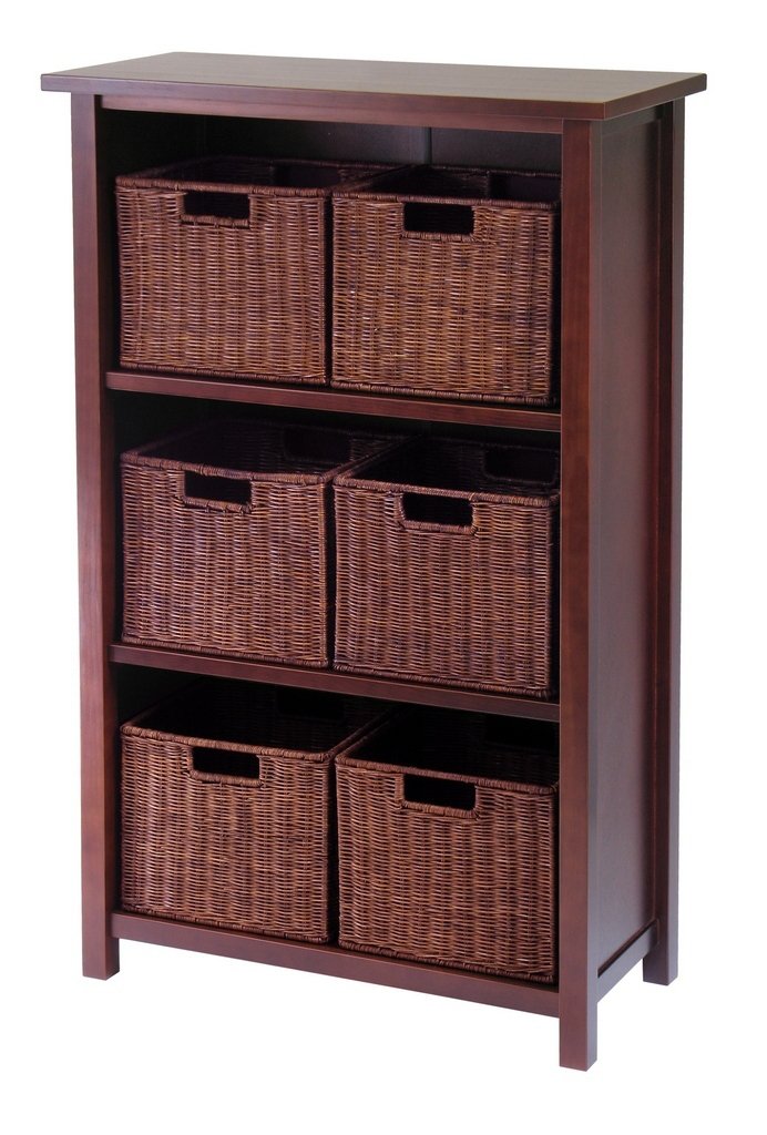 Winsome Milan 7 Piece Cabinet Shelf with 6 Small Baskets in Antique Walnut Finish