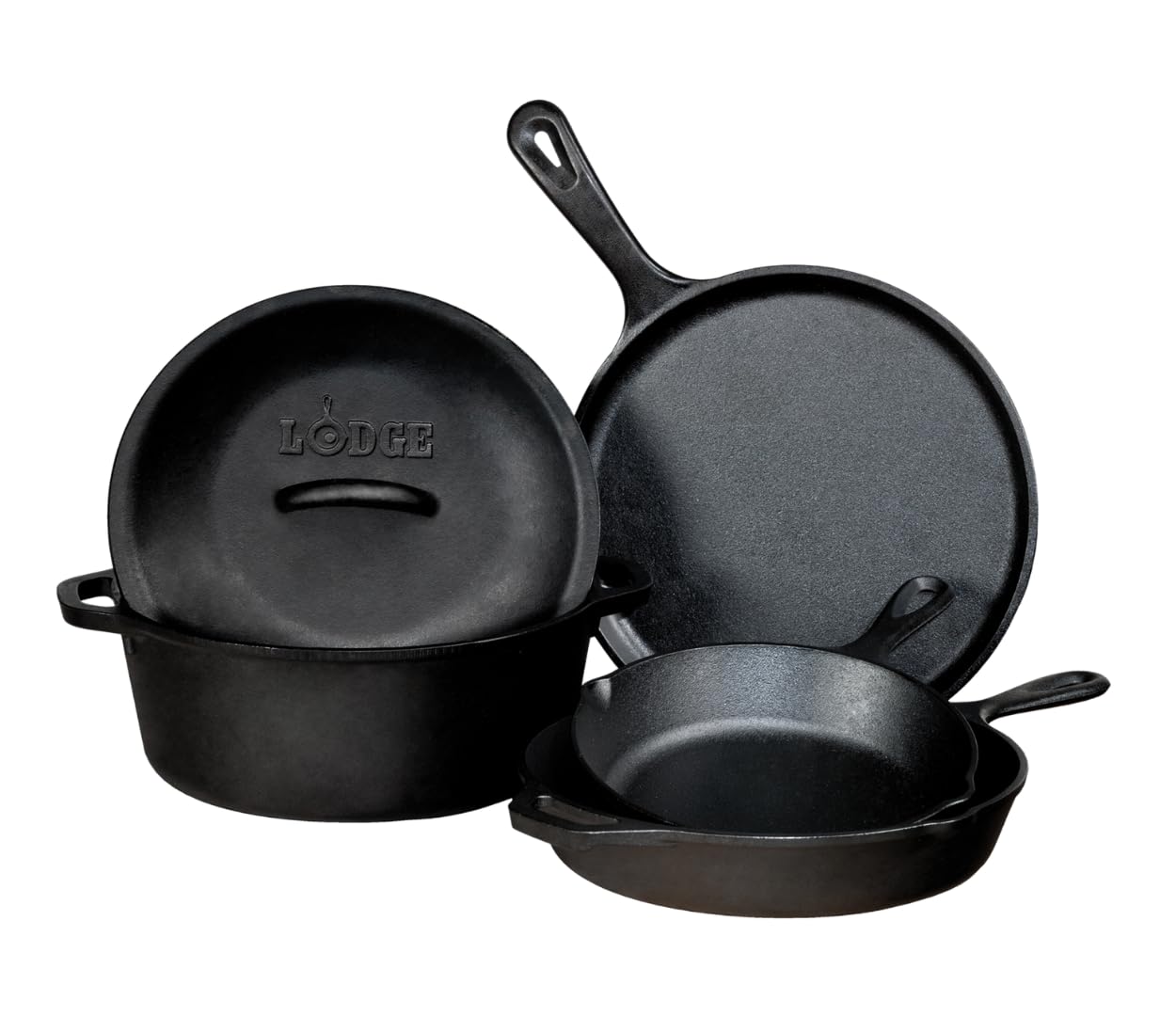 Lodge Seasoned Cast Iron 5 Piece Bundle. 10.5 Griddle, 8 Skillet, 10.25 Skillet, 10.25 Dutch Oven, And 10.25 Lid,Black