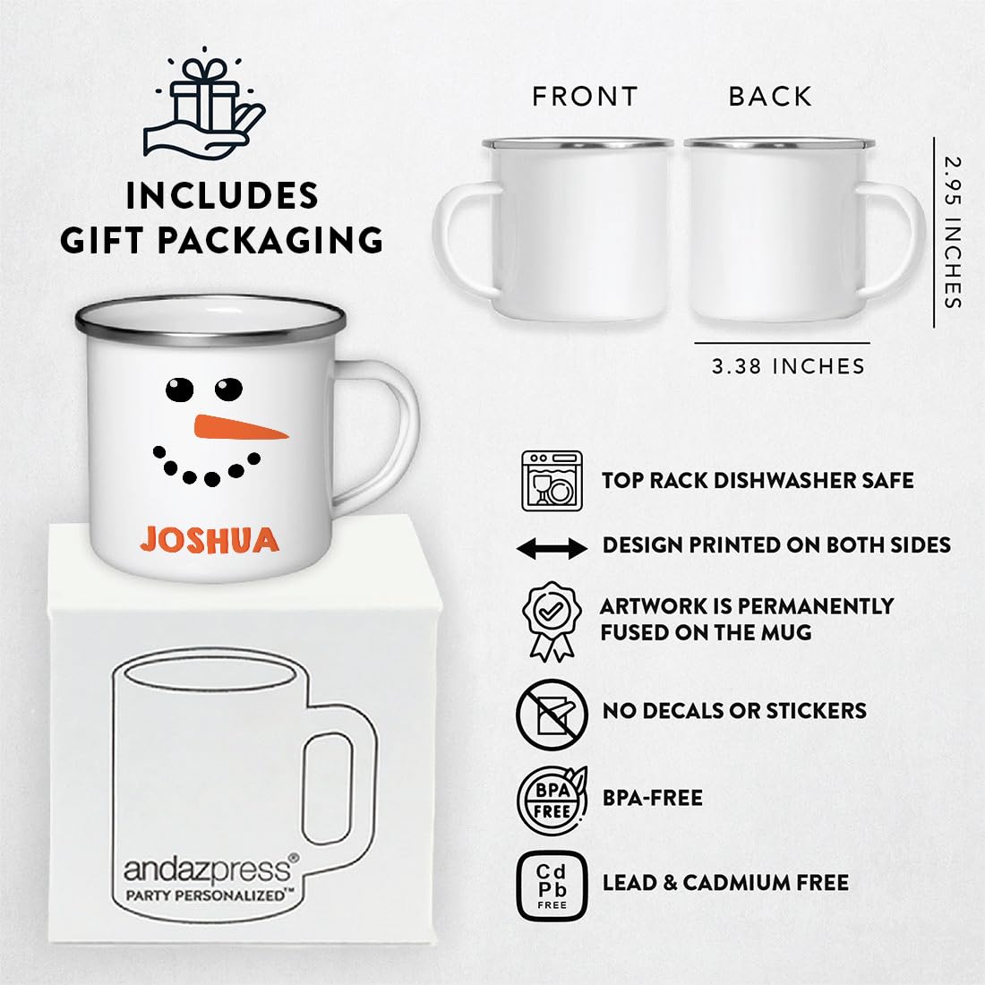Andaz Press Personalized Kids 11Oz. Christmas Hot Chocolate Stainless Steel Campfire Coffee Mug Gift, Snowman With Carrot Nose,