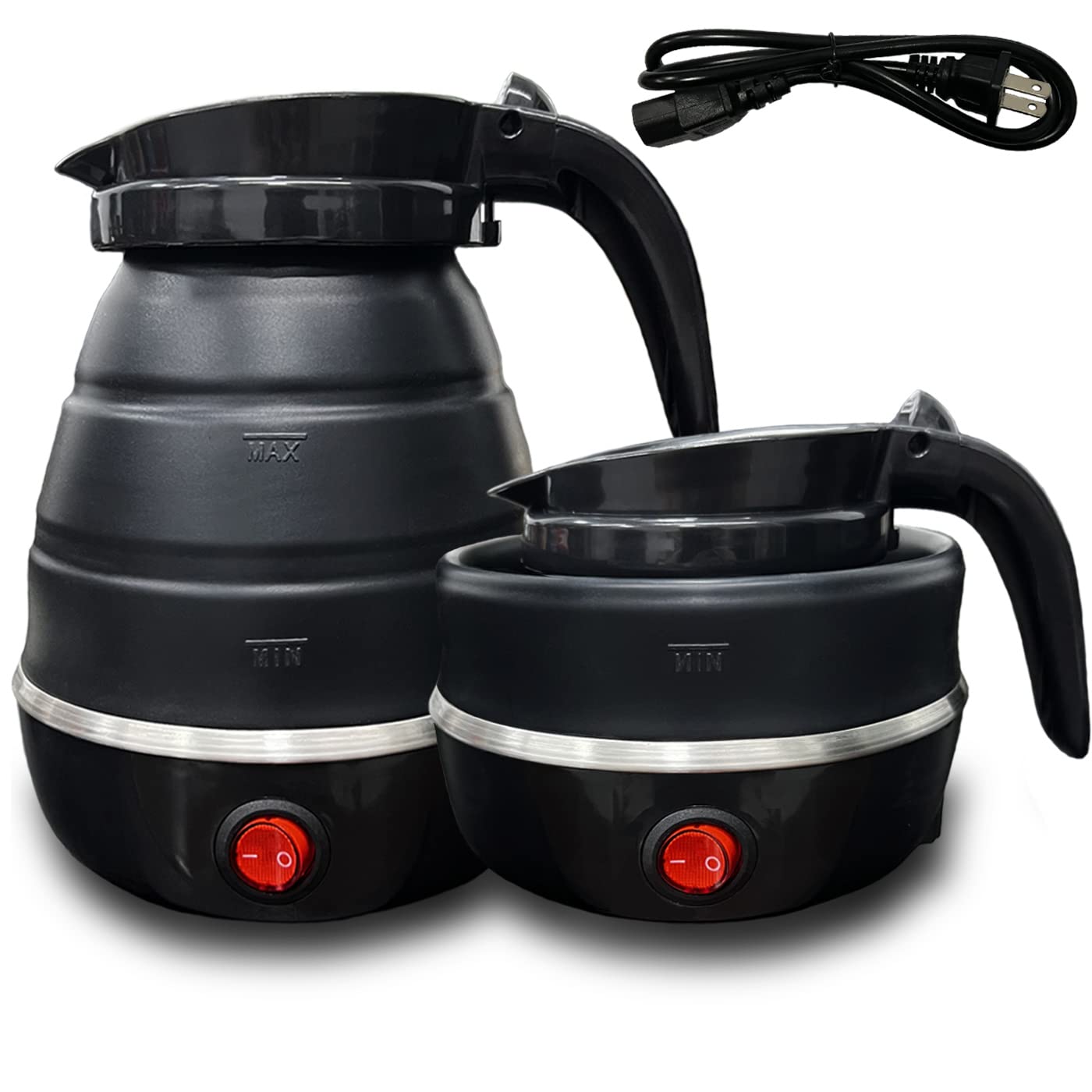 VANZO Foldable Electric Travel Kettle - Portable and Convenient Silicone Collapsible Water Boiler and Tea Pot for Camping - Easy Storage with Detachable Power Cord (Black)   (WHH-649)