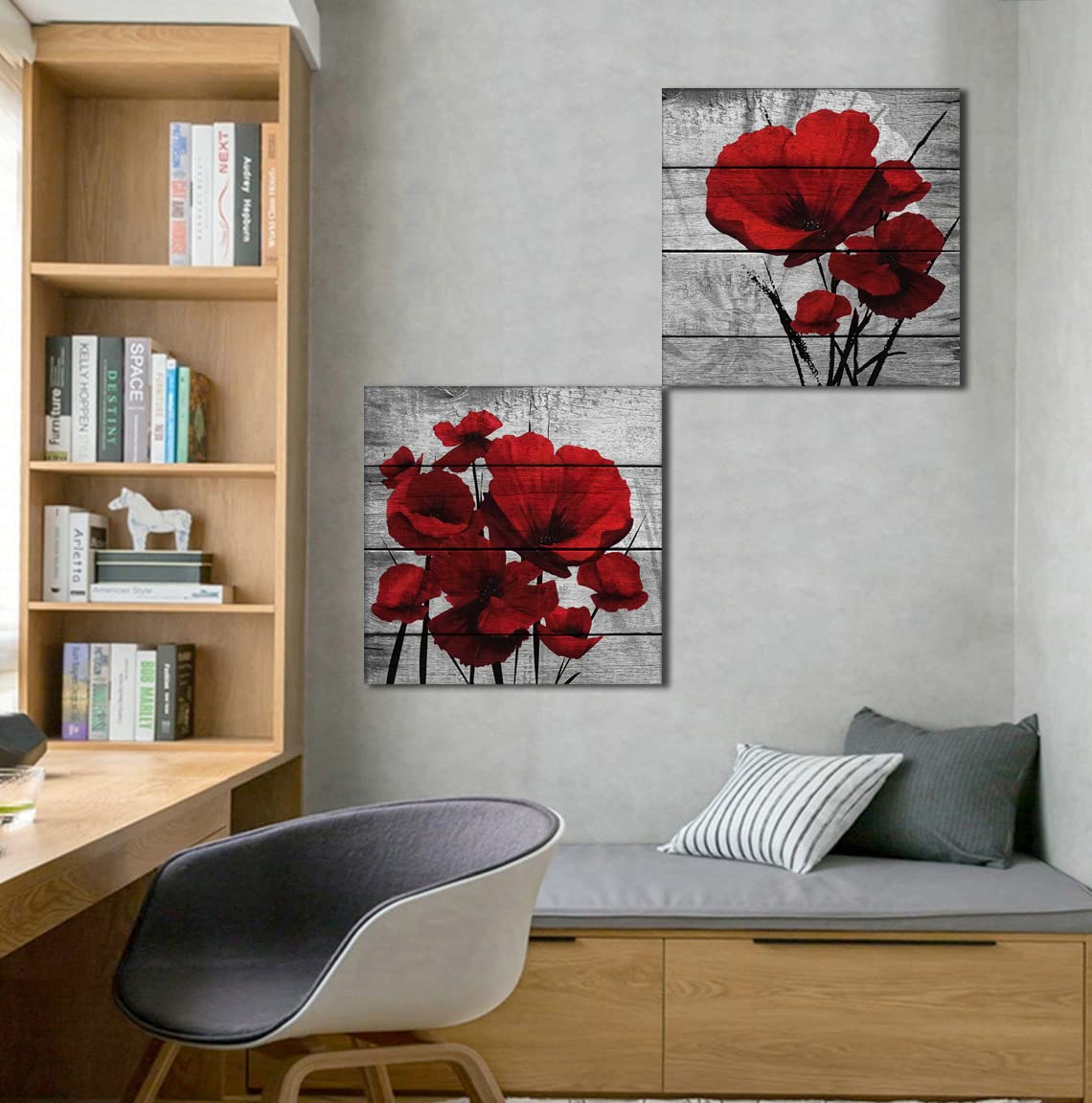 Poppy Wall Art,Big Red Poppies Canvas Wall Decor,Red Black Gray 2 Piece Print Pictures,Crimson Red Flower Bedroom Living Room De