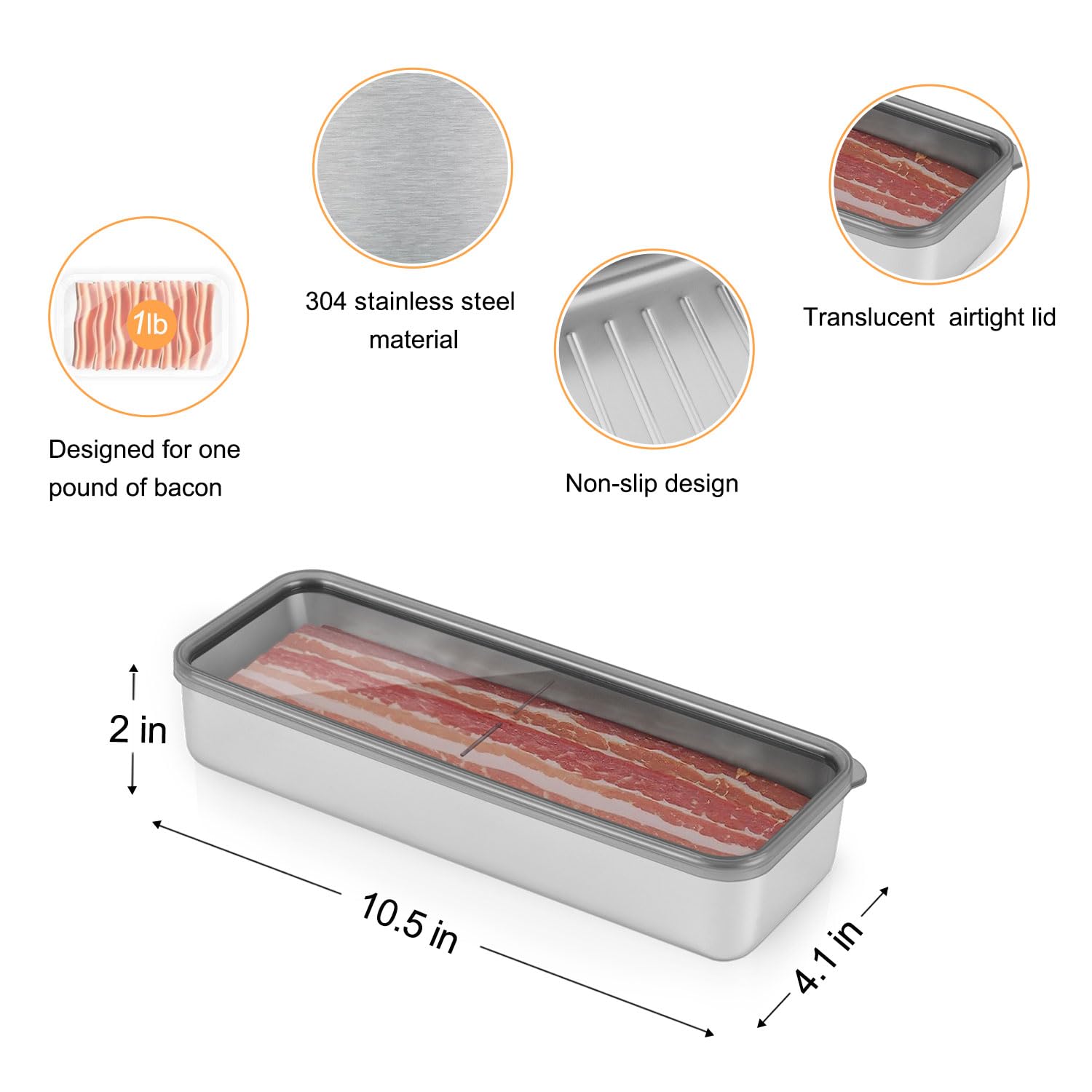 2Pack Bacon Holder For Fridge,Bacon Container For Refrigerator,Deli Container With Lid,304 Stainless Steel Bacon Storage Contain