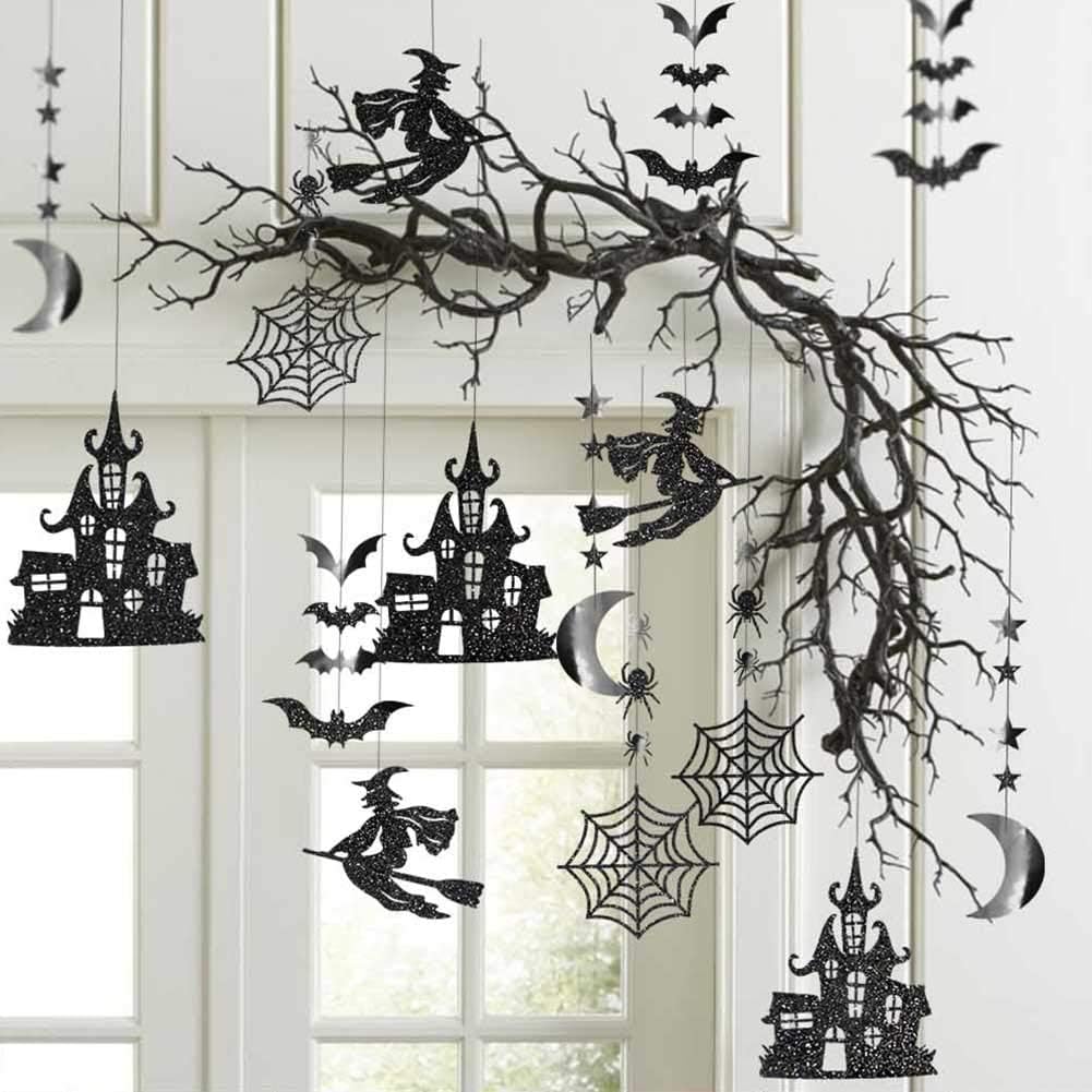 Cheerland Halloween Witch Garland For Haunted House Decoration Black Glitter Gothic Sticker Decals Star Moon Hanging Streamers B