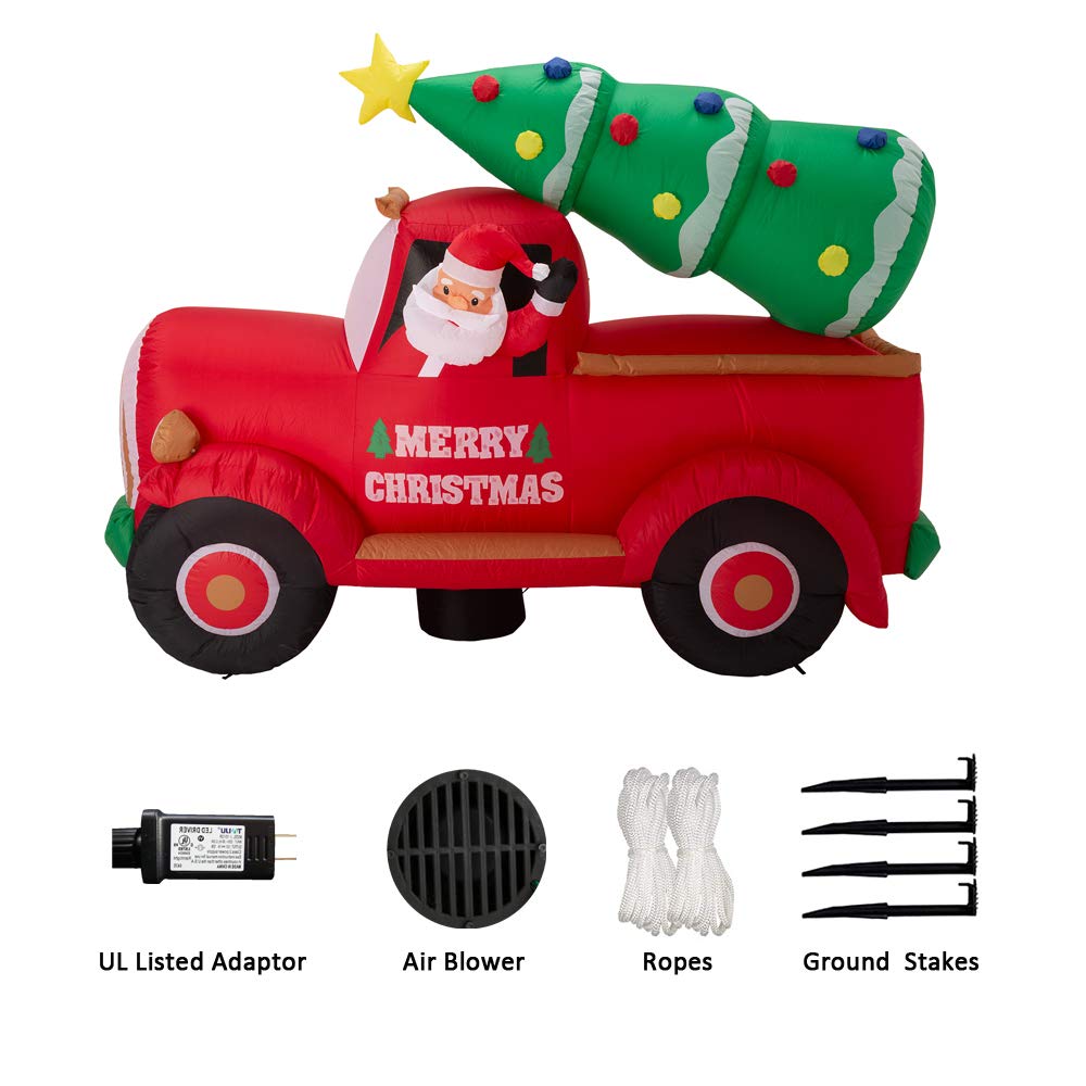 Christmas Inflatable Decoration 7 Feet Santa on Red Truck Built-in Lights Outdoor & Indoor Holiday Yard Decor Blow Up Festival D