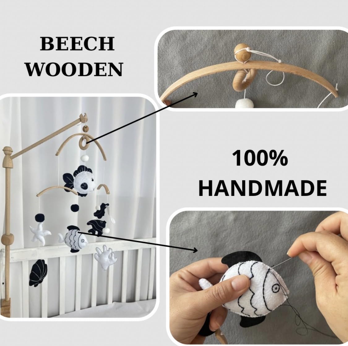 Montessori Baby Mobile - Handmade Black & White Fish Crib Mobile - Nursery Decor for Boys and Girls - Newborn Visual Development