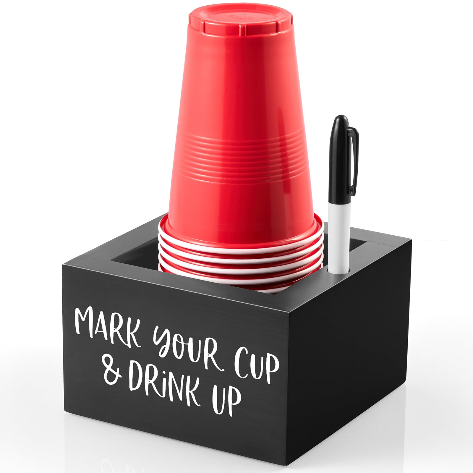 Drastar Cup Holder With Marker Slot, Mark Your Cup And Drink Up Caddy, Farmhouse Drink Holder For Party Bar, Black Wood Disposab