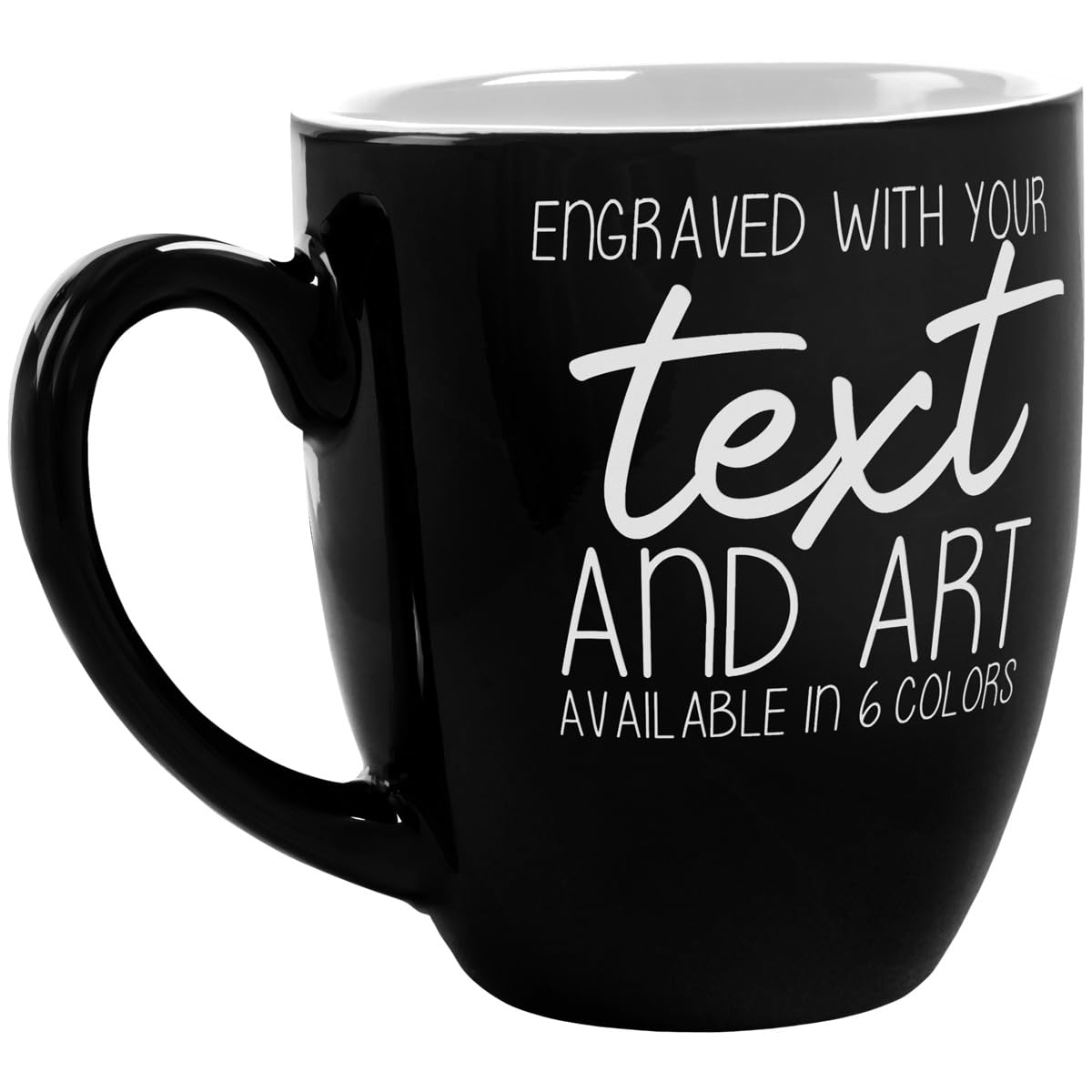 Plaquemaker Custom Ceramic Bistro Coffee Mug, Personalized Laser-Engraved Text, 16 Ounces (Black)