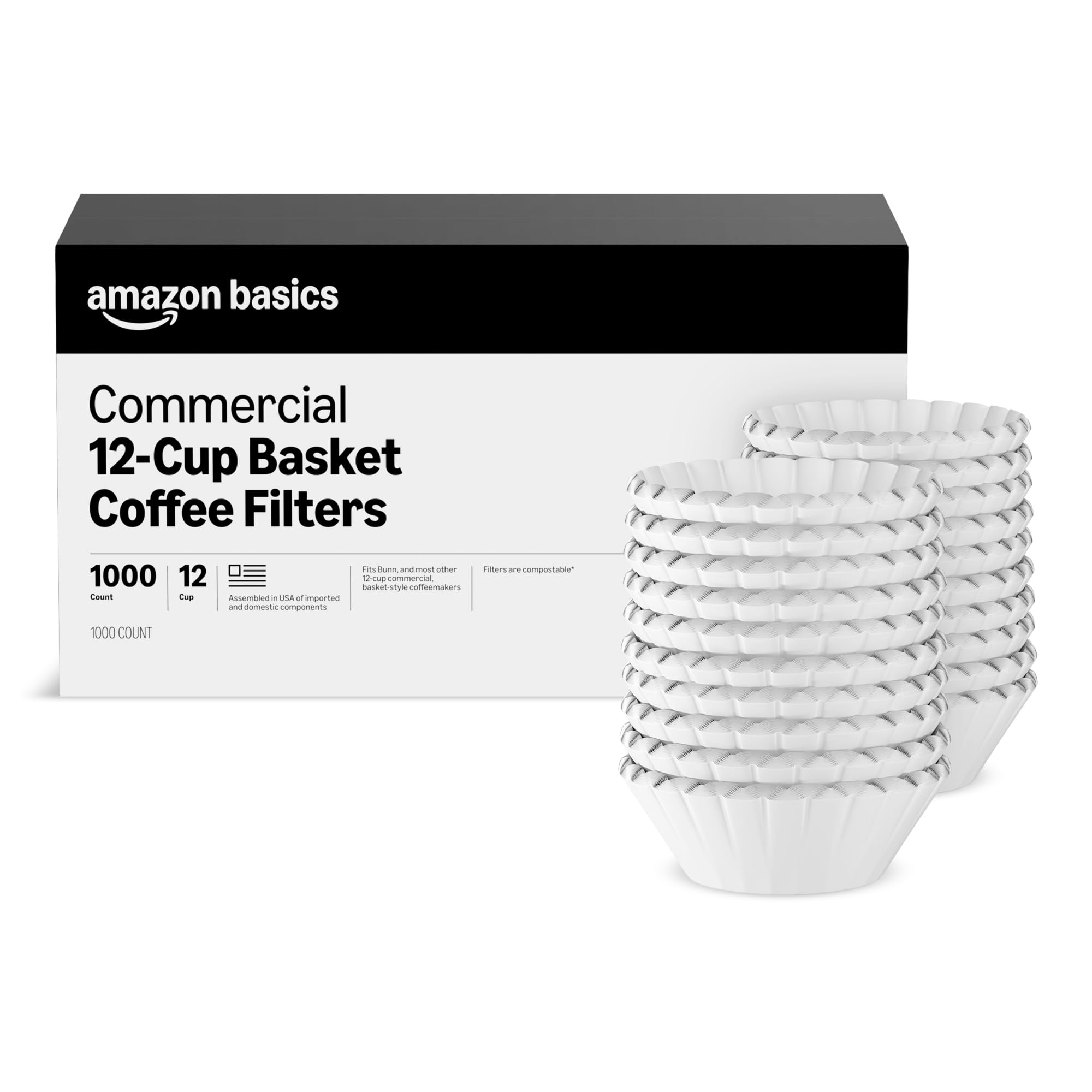 Amazon Basics Commercial 12Cup Basket Coffee Filters, 1000 Count, Fits Bunn and Most BasketStyle Coffeemakers, White