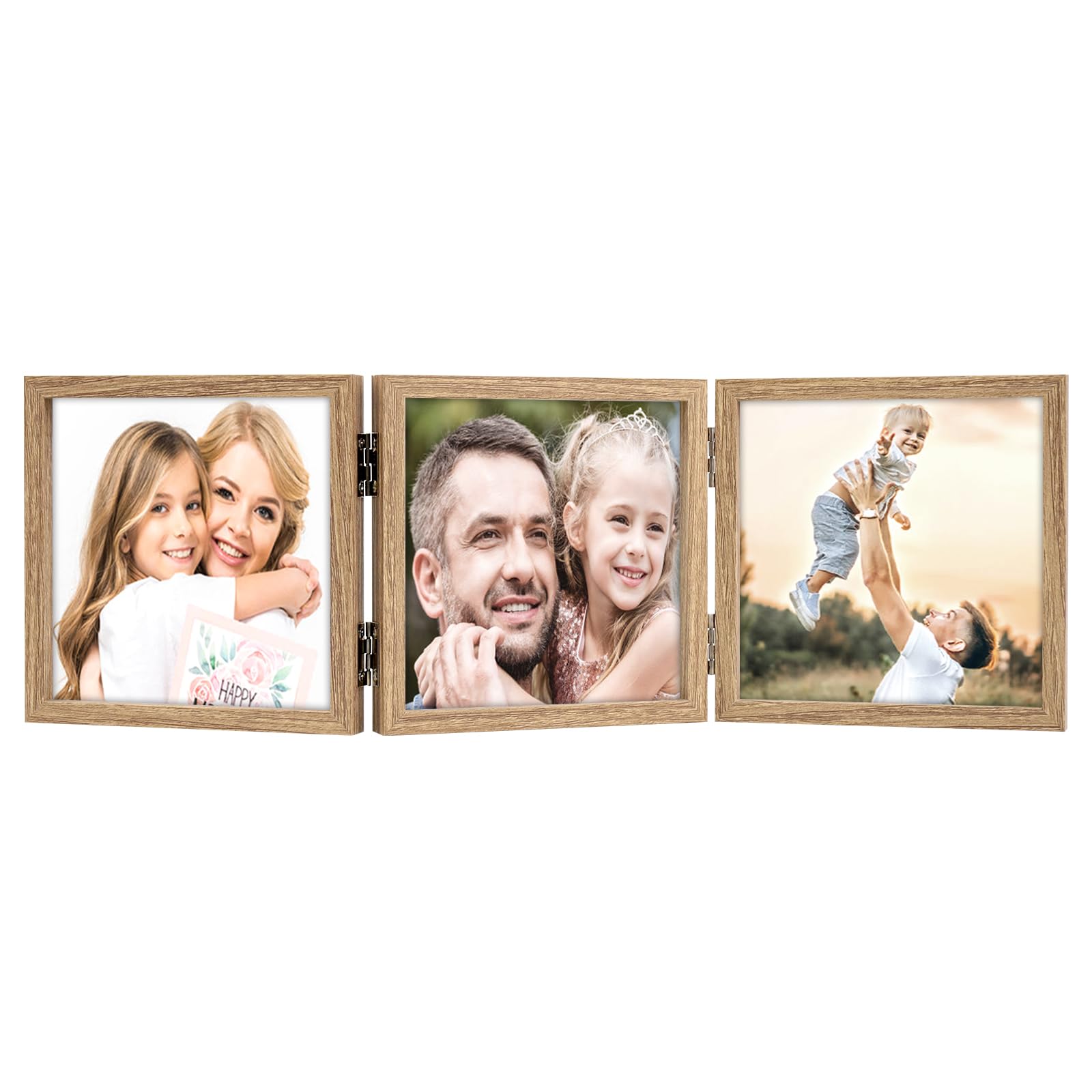 3 Picture Frame 5x5 Triple Hinged MDF Wood Grain with Glass Front Three Opening Photo Frame Stand Vertical on Tabletop