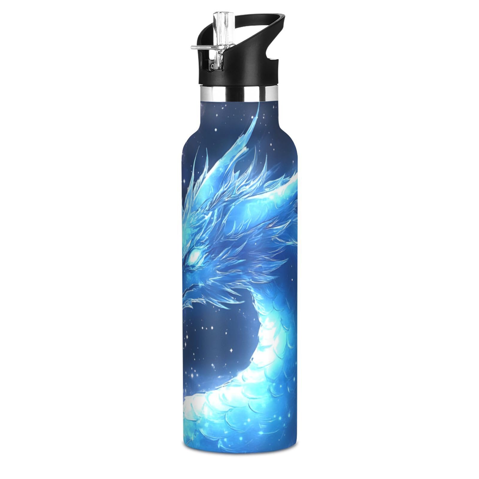 Dragon Blue Galaxy Water Bottles for Boys Kids Stainless Steel Thermos Bottle Cups with Straw Lid Leakproof Insulated Flask Jug 