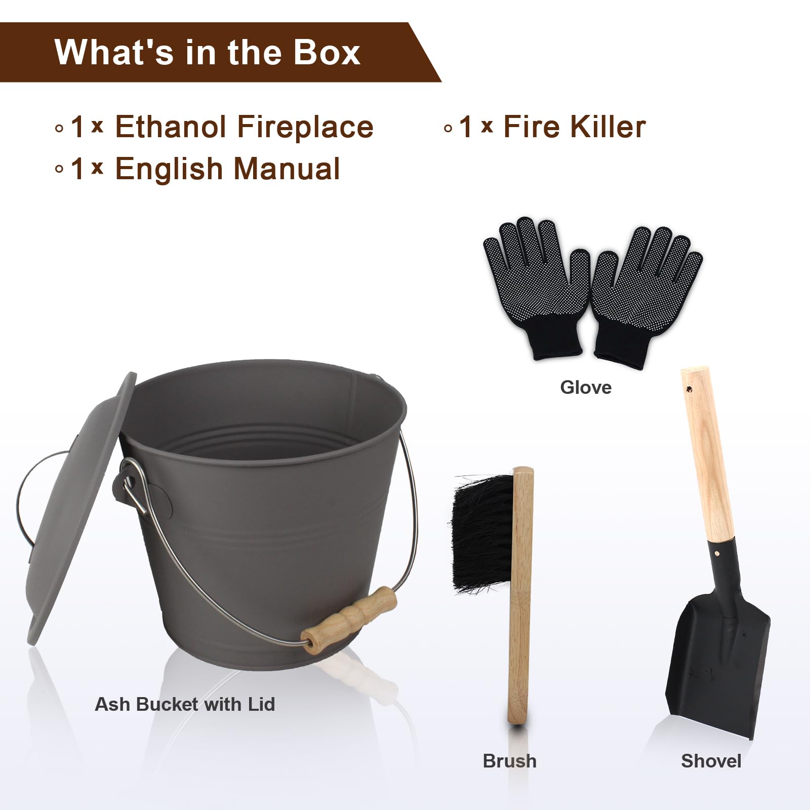 Brian & Dany Mini Ash Bucket With Lid And Shovel, 1.5 Gallon Fireplace Metal Bucket With Broom, Coal Bucket Ash Can For Fireplac