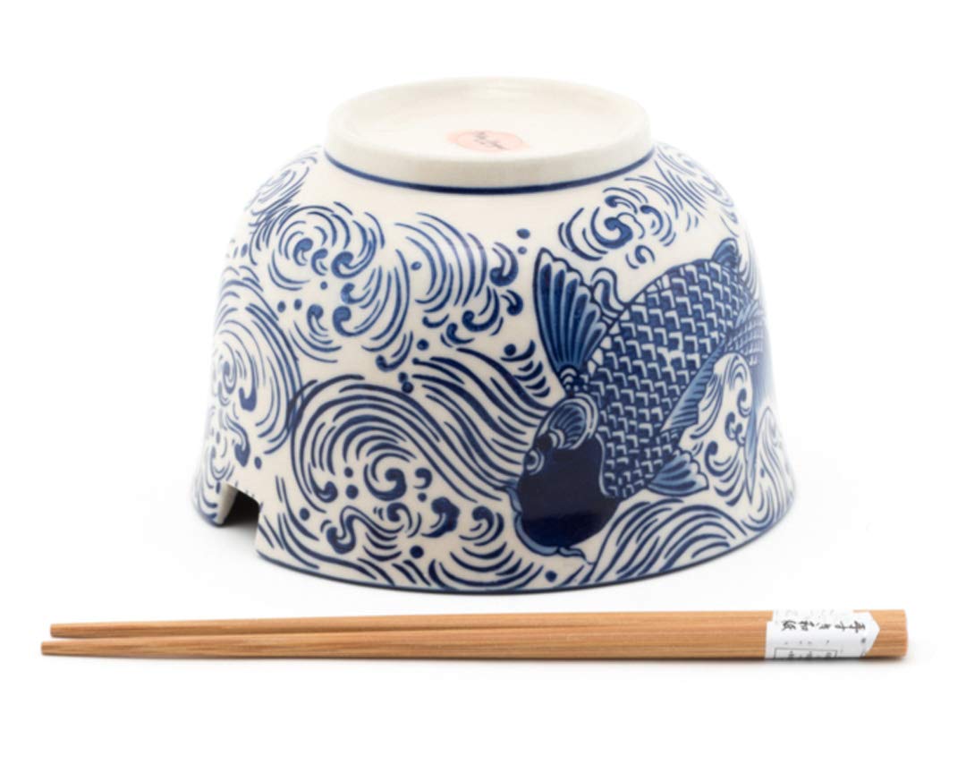 Happy Sales Large Ceramic Ramen Bowl Set with Chopsticks, 6.25"D, Blue Coi, Model HSRB-LGCOIB