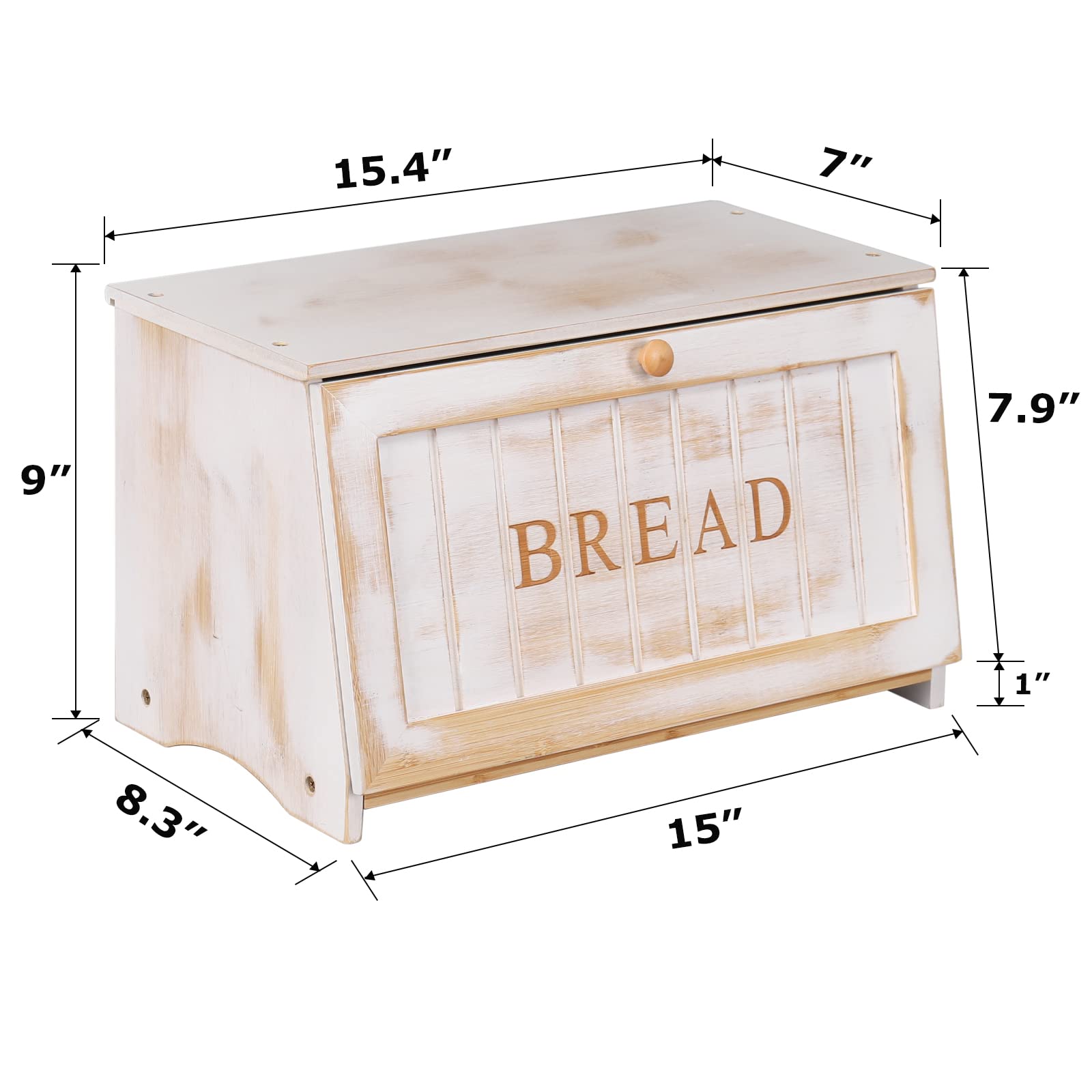Homekoko Vintage Large Wood Bread Box For Kitchen Counter, Retro Design Single Layer Bamboo Large Capacity Food Storage Bin (Whi