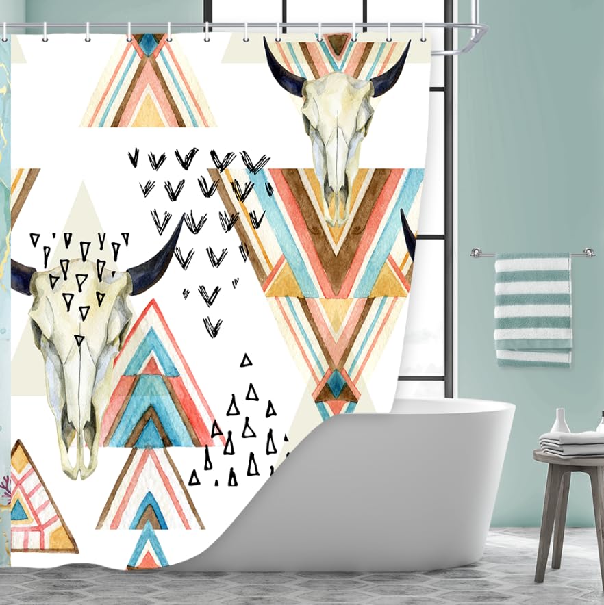 Jawo Western Boho Shower Curtain Native Aztec Tribal Bull Skull Southwestern Cow Bohemian Geometric Pattern West Bathroom Decor