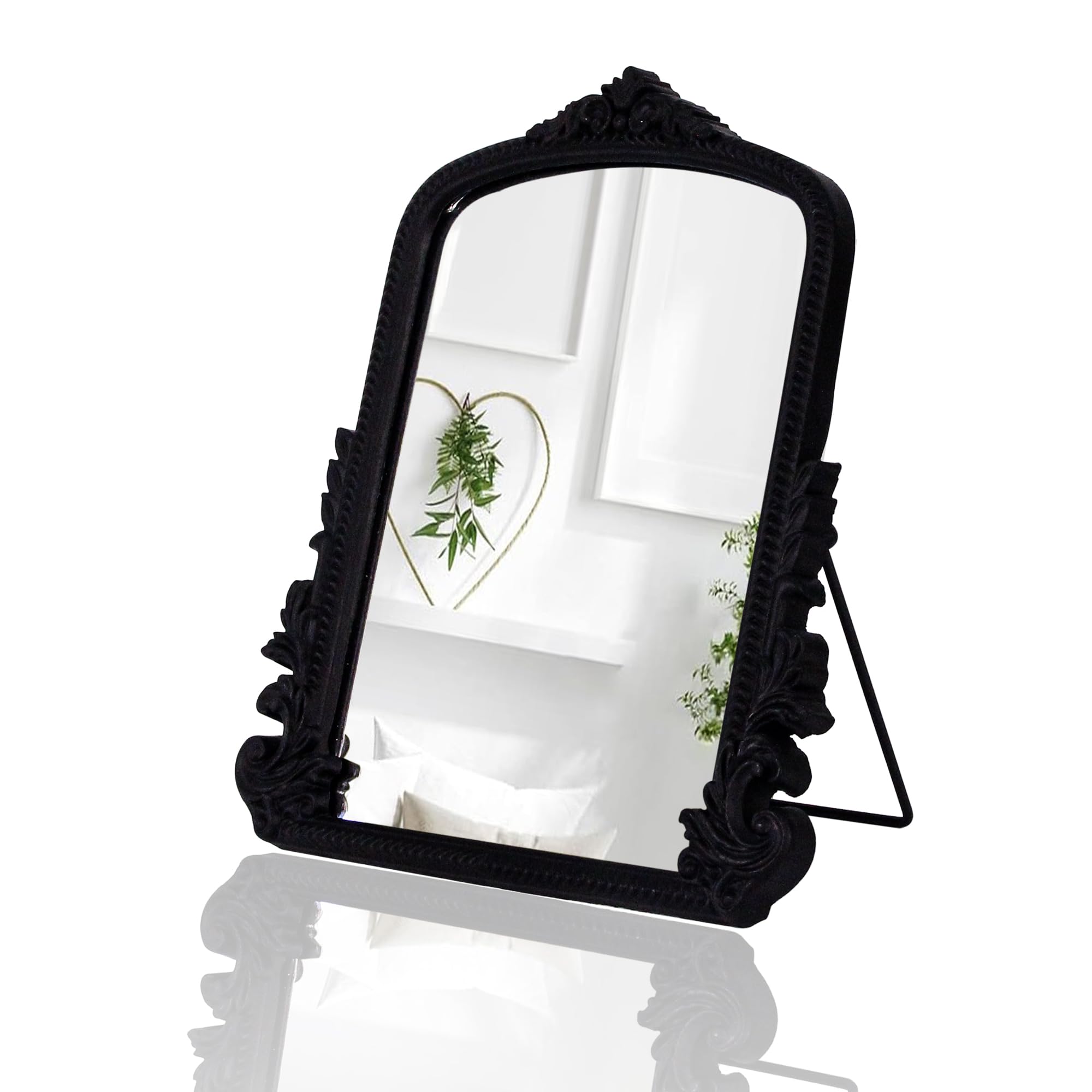 Hsddhome Black Arched Vanity Mirror With Wood Frame, Vintage Makeup Table Mirror Baroque Style Arendahl Mirror For Desk Decorati