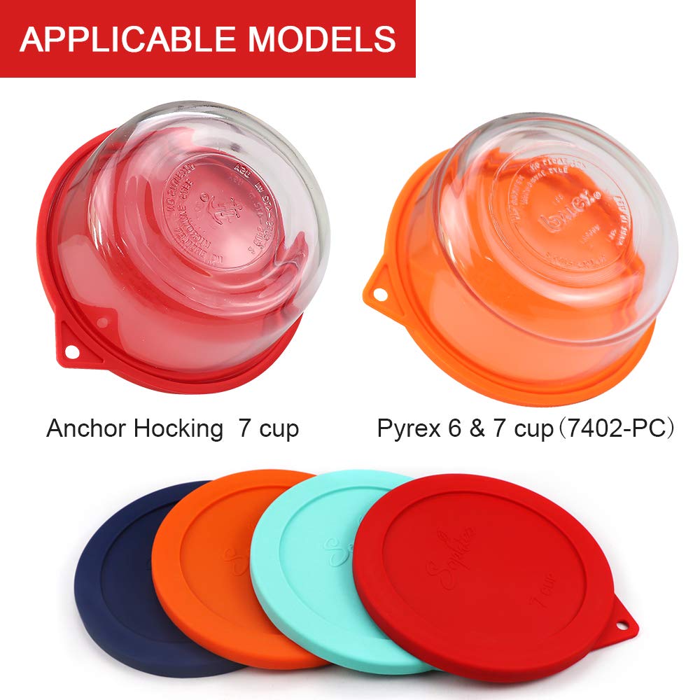 Sophico Sophico Round Silicone Storage Cover Lids Replacement for Anchor Hocking and Pyrex 7402-PC 6/7 Cup Glass Bowls (Container not Included) (Red-Orange  4 pack)