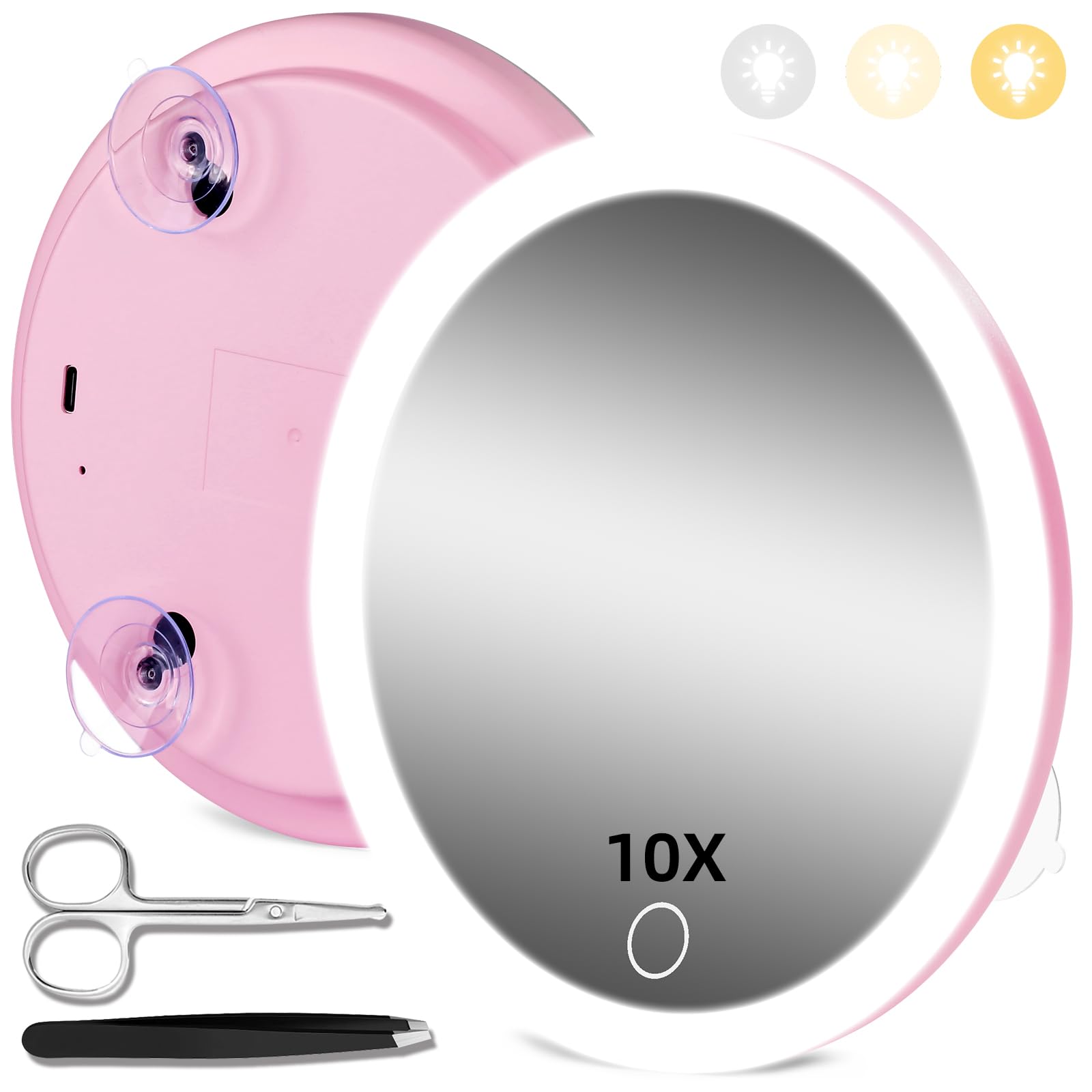 10X Magnifying Mirror With Light, Magnifying Mirror With Suction Cups, Led Makeup Magnifying Mirror With 3 Color Modes & Adjusta