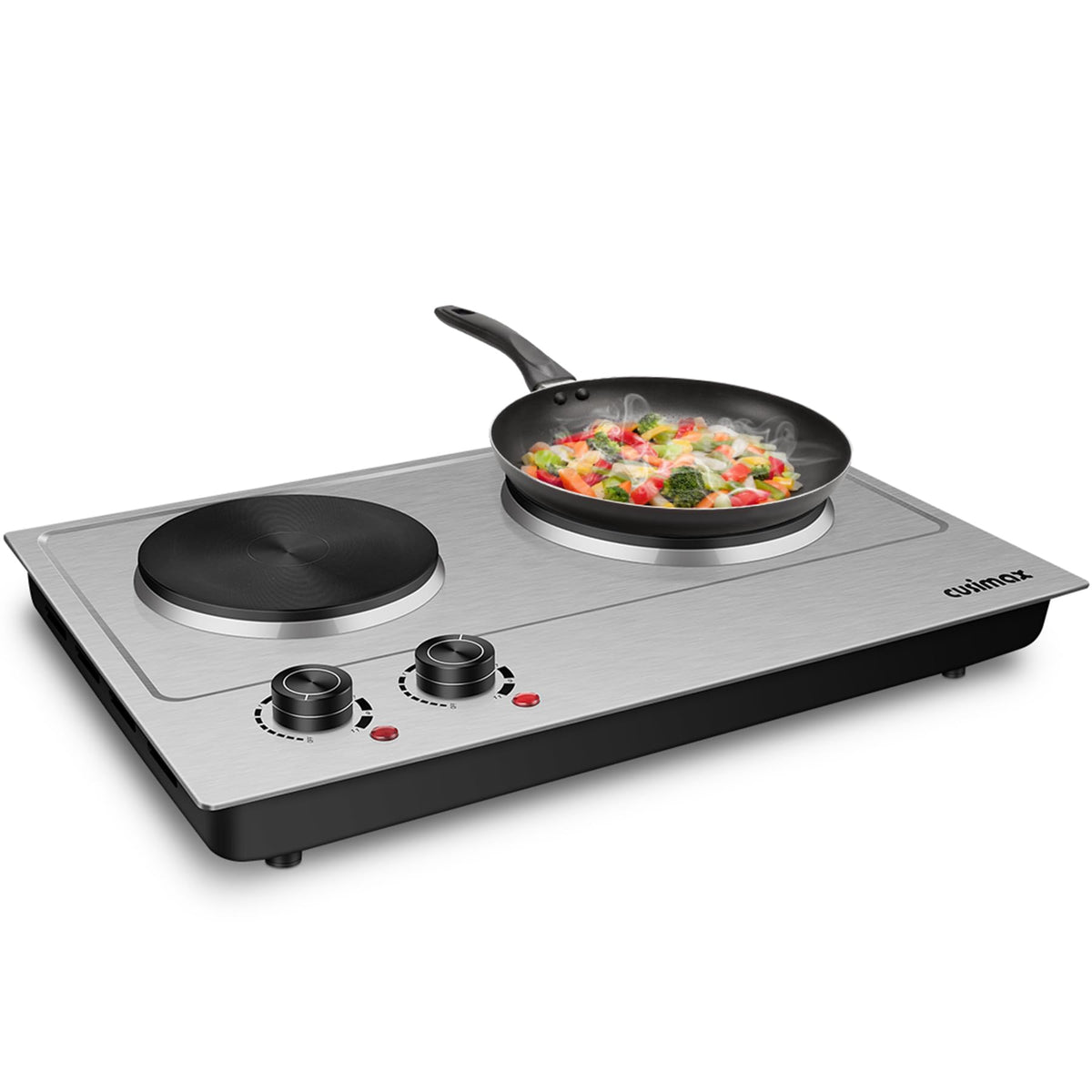 Cusimax 1800W Double Hot Plate, Stainless Steel Silver Countertop Burner Portable Electric Double Burners Electric Cast Iron Hot