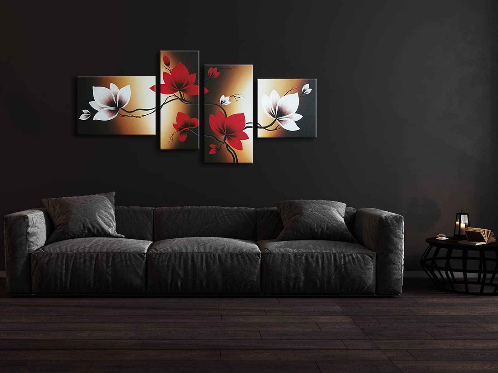 Wieco Art The Back Full Bloom In Spring Red Flowers 100% Hand-Painted 4 Panels Flower Oil Paintings On Canvas Wall Art For Wall