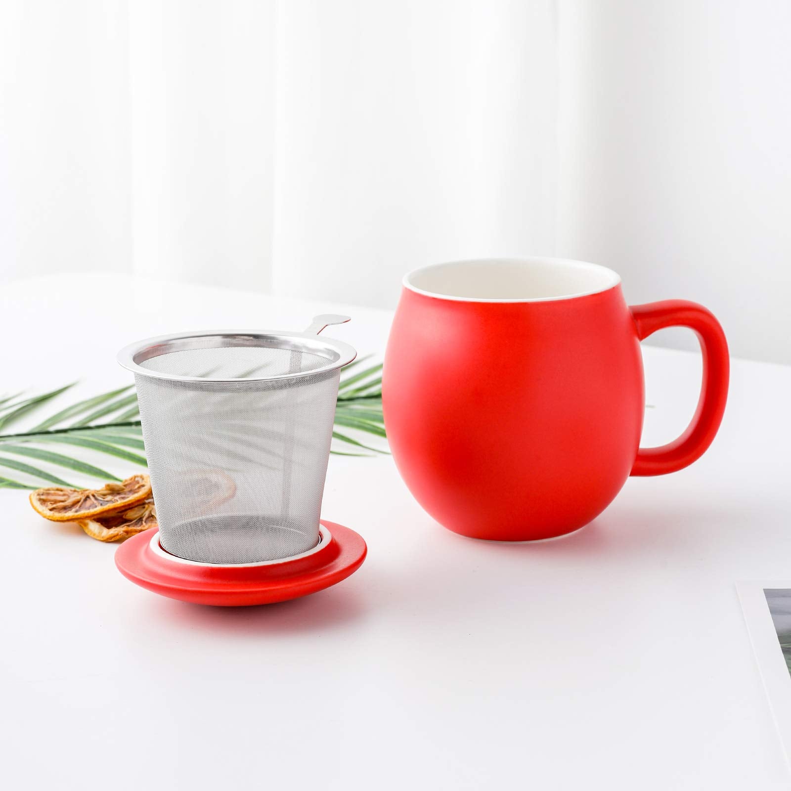 Yundu 12 Oz Matte Red Porcelain Teacup With Infuser And Lid, Mug With Lid For Steeping - Thankgiving Father Day Christmas Gift F