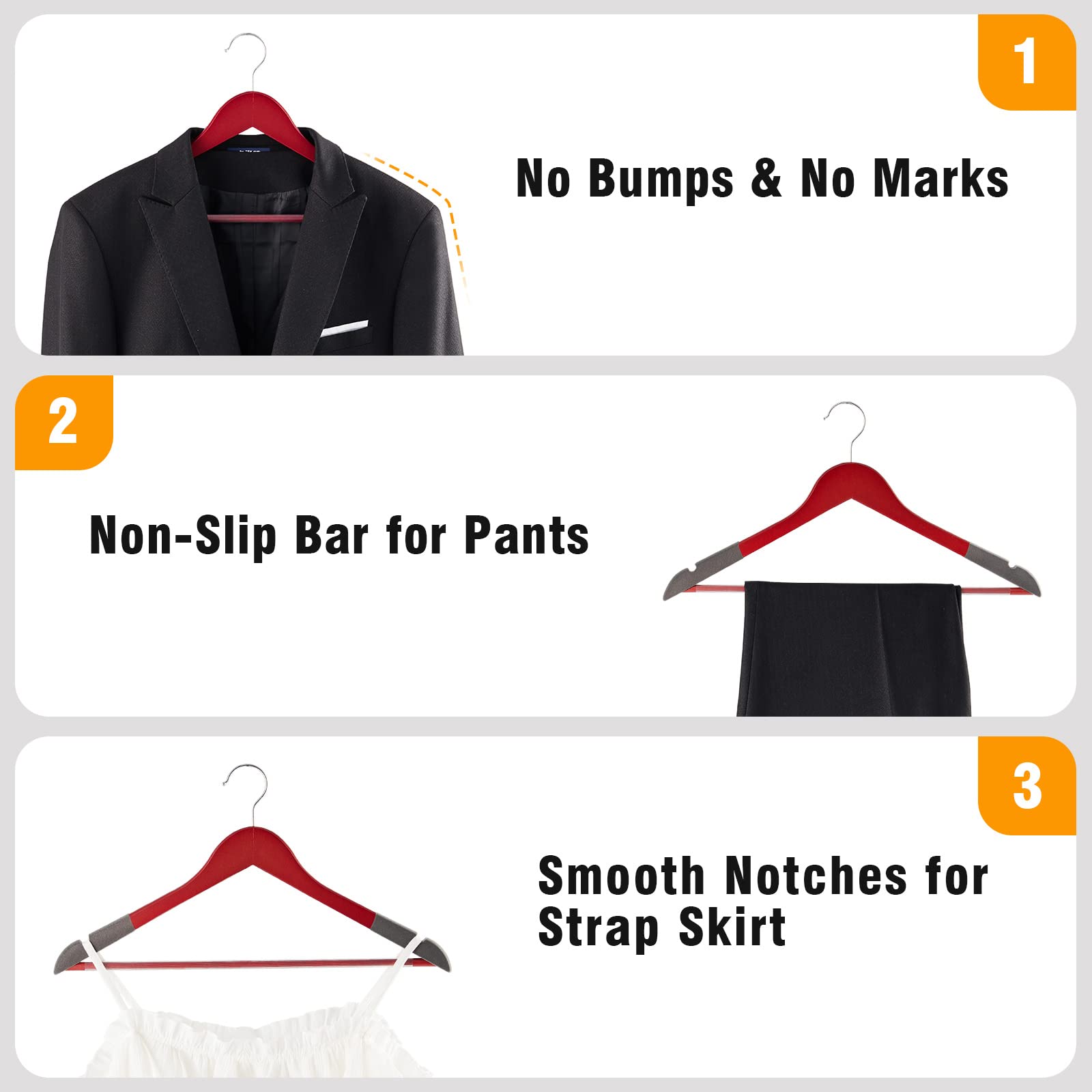 Solid Natural Wooden Coat Hangers, 20 Pack Heavy Duty Smooth Finish Suit Hangers With Non-Slip Pant Bar, Precisely Cut Notches &