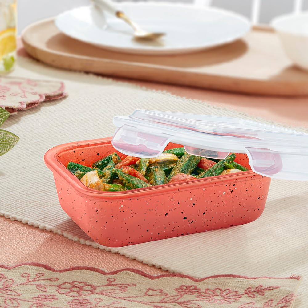 Borosil 640 Ml Kube Pink Food Storage Container With Air Tight Lid | Rectangle Shape Borosilicate Glass Organiser | Microwave & 