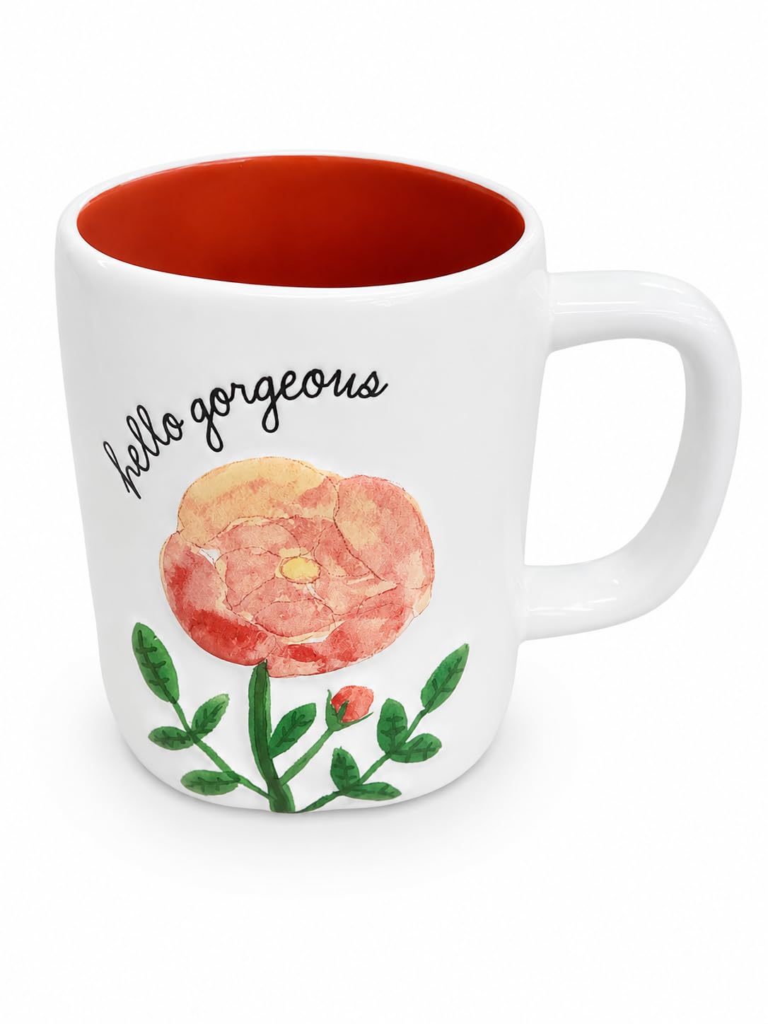 Rae Dunn by Magenta Coffee Mug Hello Gorgeous Red Peony Flower, Red Interior