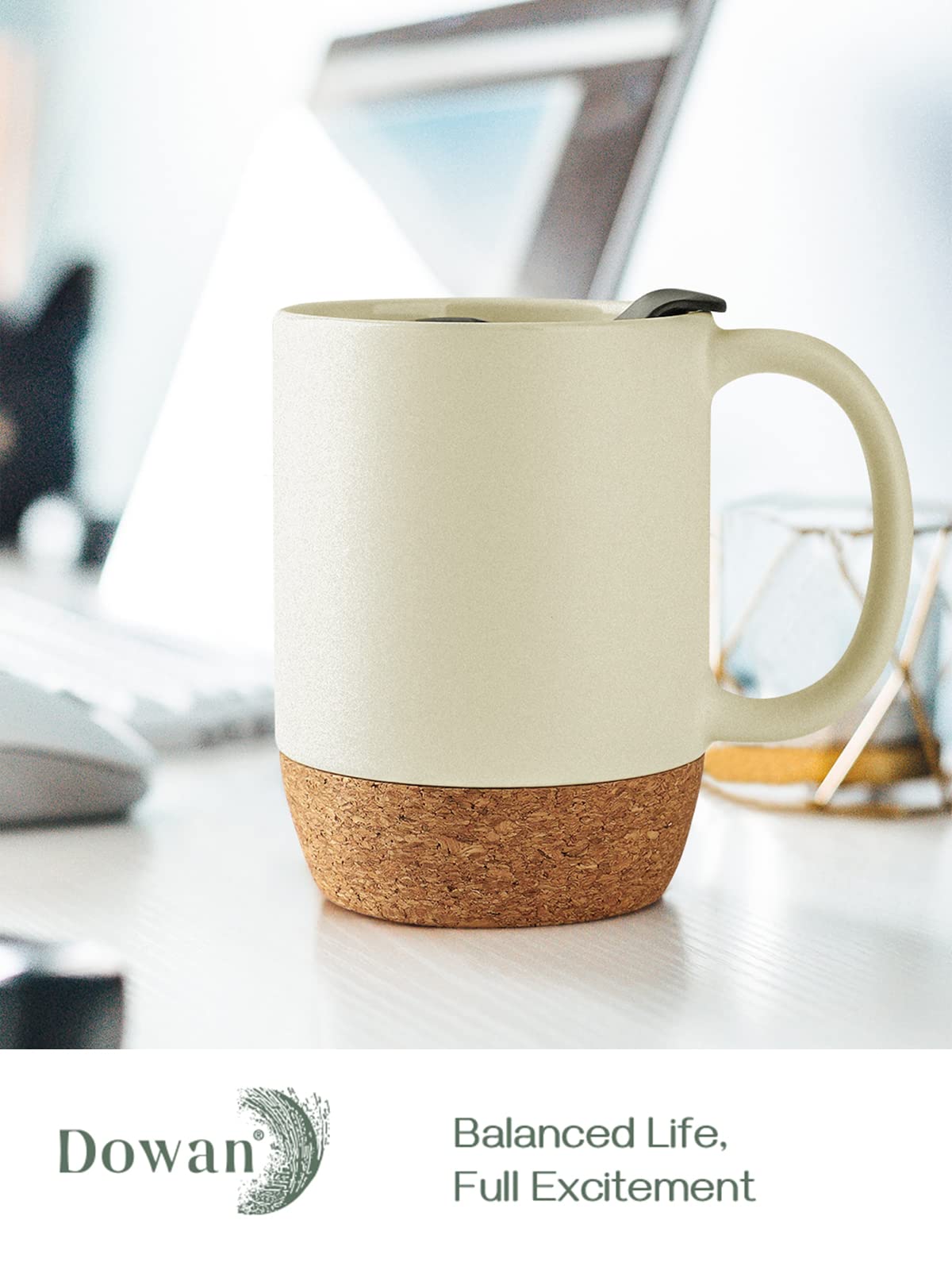DOWAN Coffee Mugs Set of 2, 15 OZ Ceramic Mug with Cork Bottom and Lid, Large Coffee Mug with Handle, Coffee Mug Ceramic Set,Gif