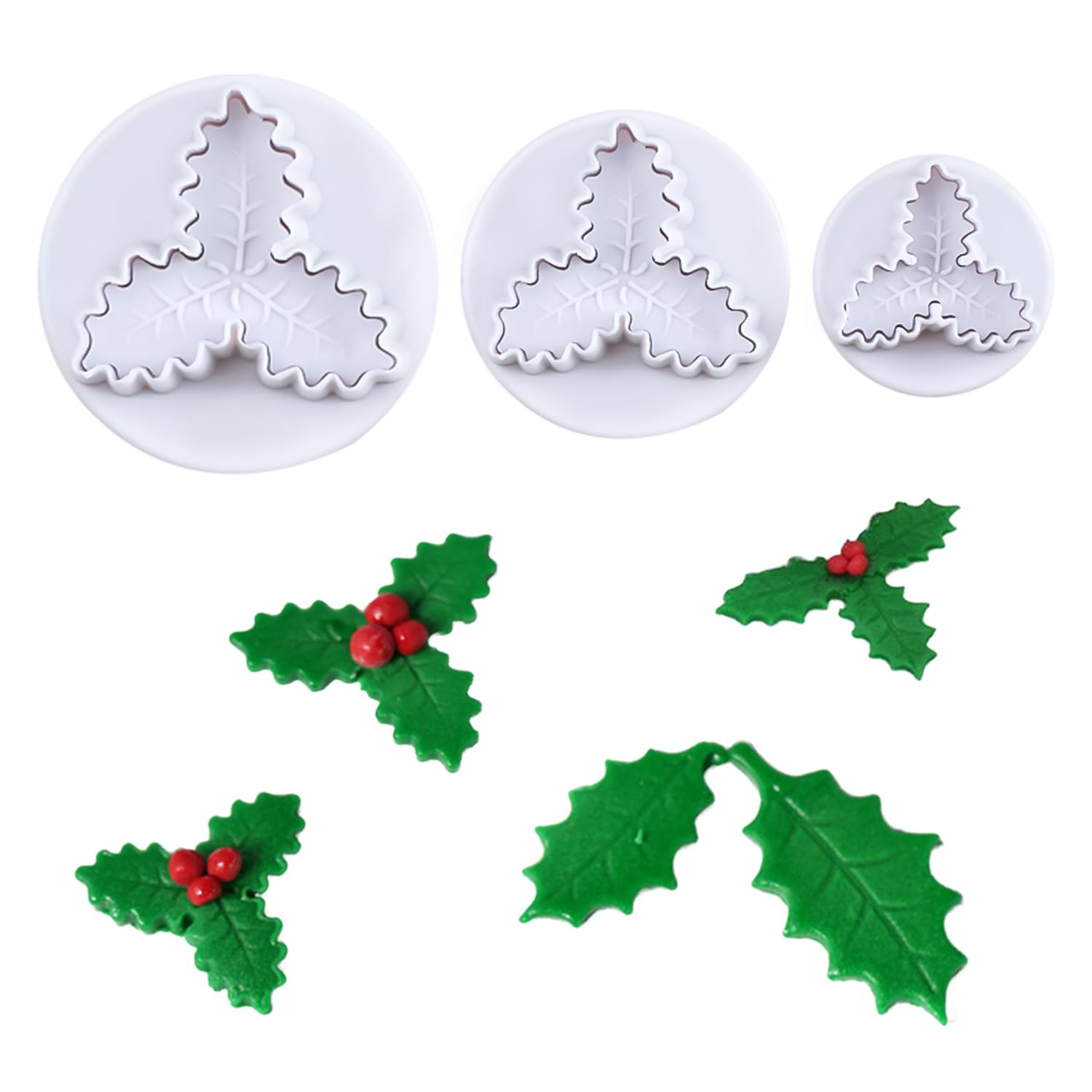 Kalaien 3Pcs Holly Leaf Plunger Cutter Fondant Baking Tools Cake Cookie Sugarcraft Decorating Mould
