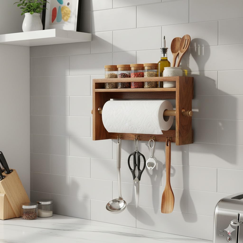 The WeaverS Nest Wooden Kitchen Organizer Rack With Paper Towel Holder, Spice Shelf & Hooks Wall Mounted Tissue Paper Holder, 