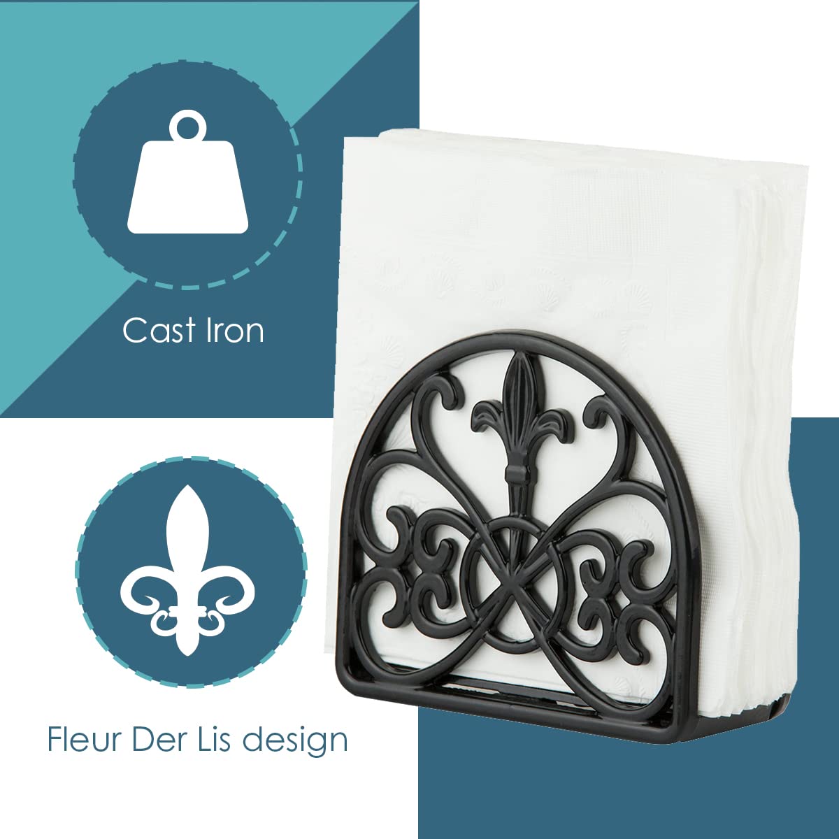 Fleur De Lis Design Cast Iron Napkin Holder, By Home Basics (Black) / Napkin Holders For Kitchen/Table Napkin Holder With Non-Sk