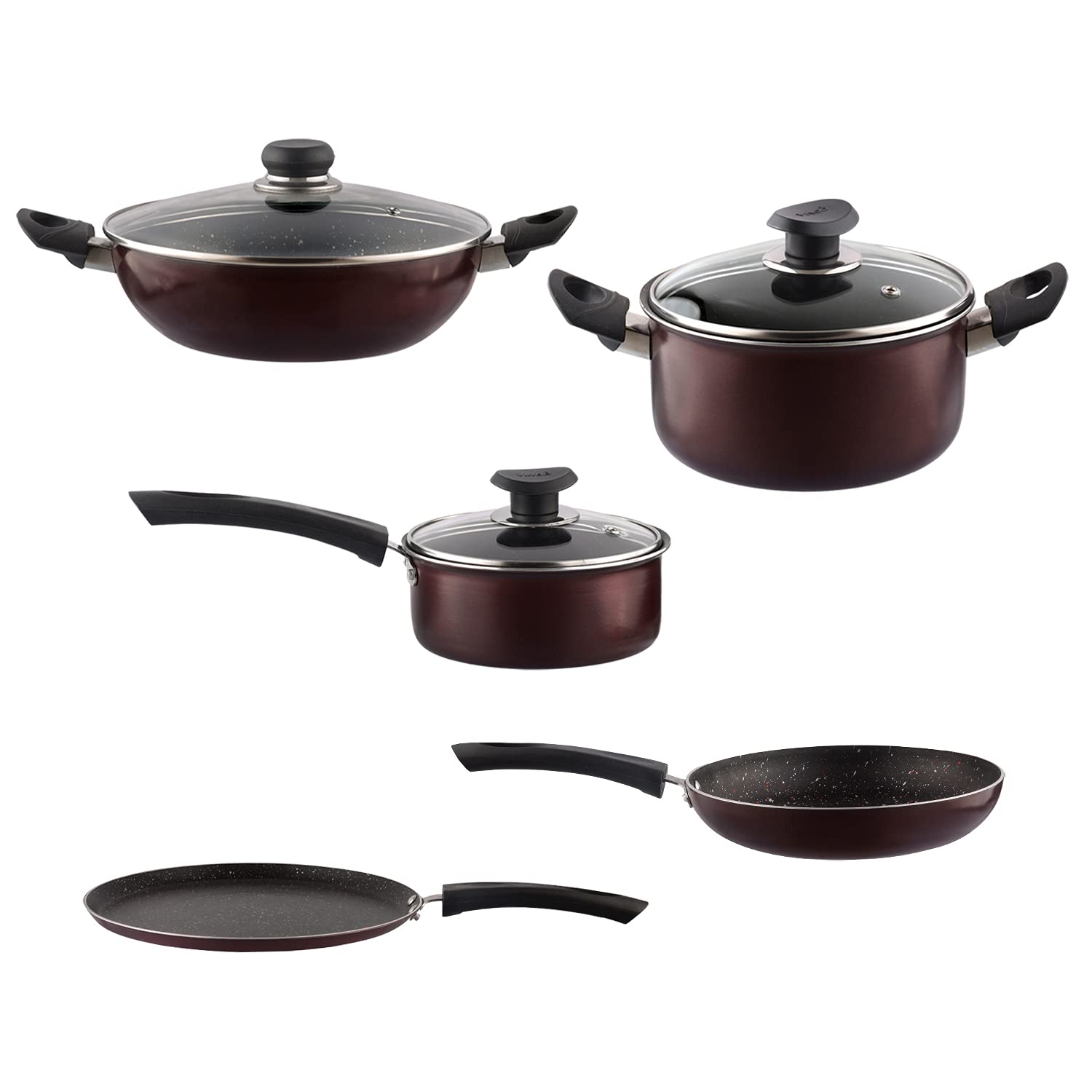 Vinod Supreme Non Stick Cookware Set Combo 5 Pieces | Kadai/Kadhai, Saucepan With Lid, Dosa Tawa, Frypan | 5-Ply Aluminum Layer 