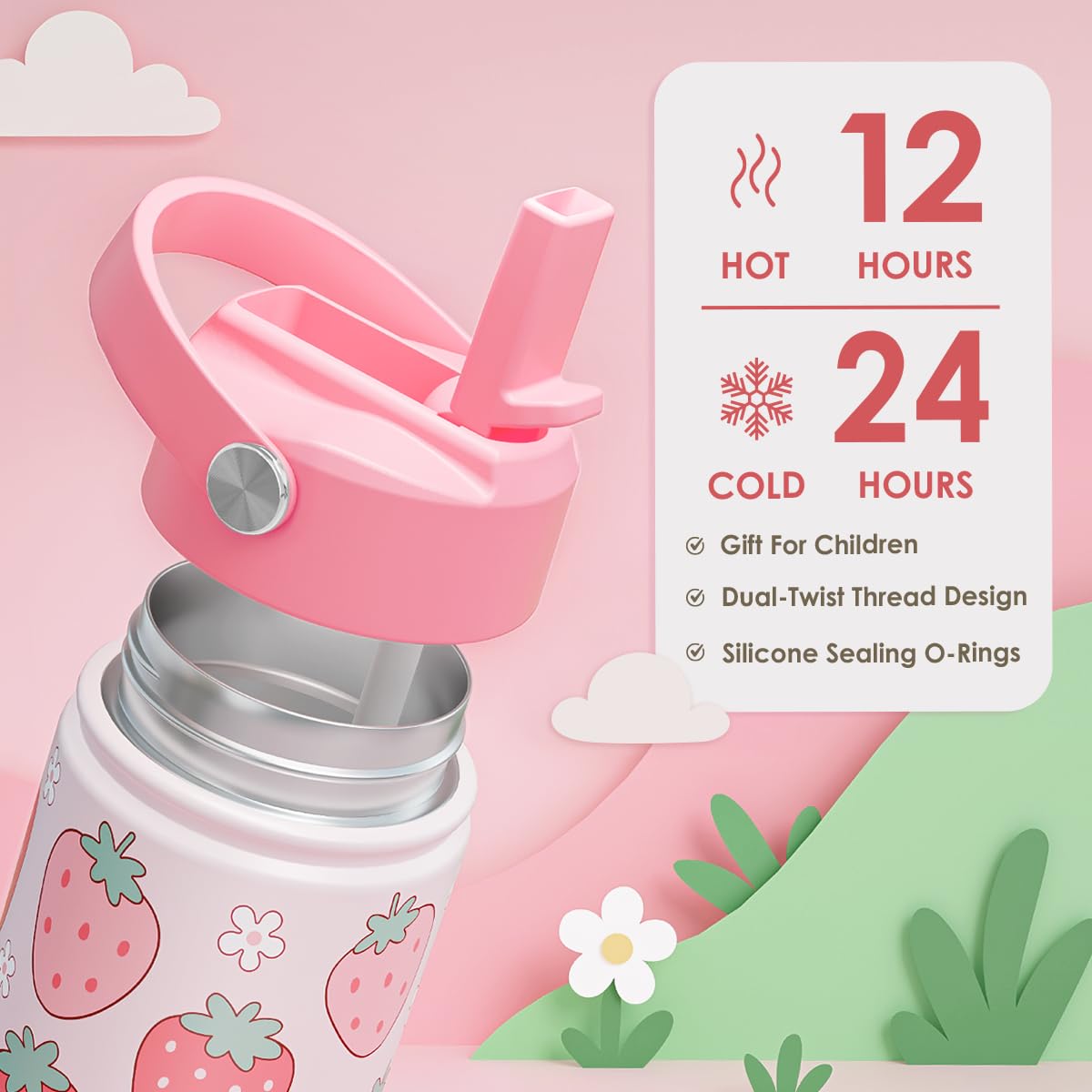 Strawberry Kids Water Bottle with Straw Lid 12oz Insulated Stainless Steel, Travel Tumbler, Gifts for Girls, Birthday, Christmas