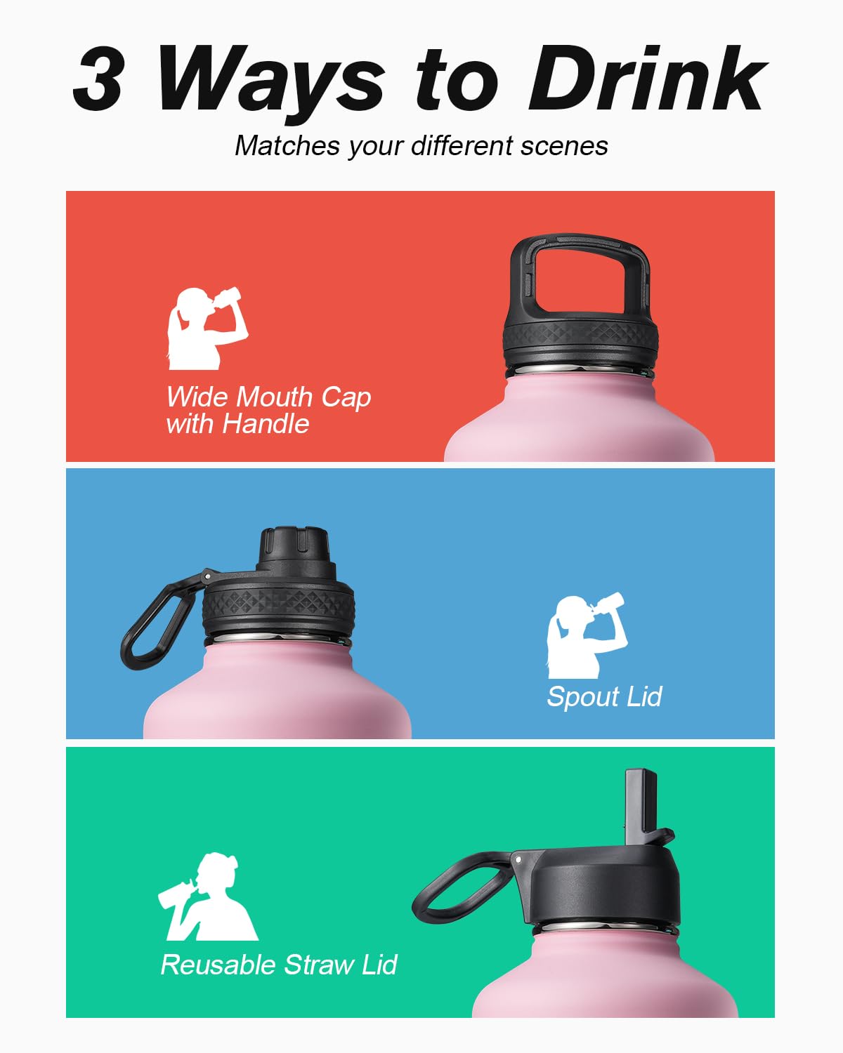 Water Bottle Insulated 64 Oz With Straw & 3 Lids, Coolflask Half Gallon Water Jug Large Metal Stainless Steel Wide Mouth, Non-Bp